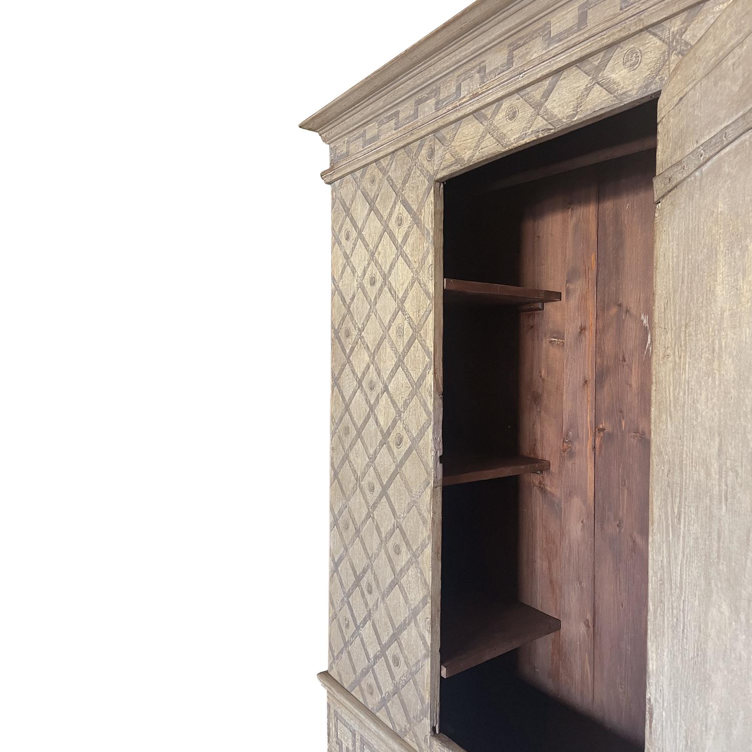 Hand-Carved 19th Century Italian Arte Povera Painted Walnut Armoire - Antique Tuscan Cabinet For Sale