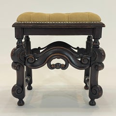 19th Century Italian Baroque Carved Bench or Stool, Linen and Oak, Italy 1800s