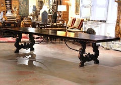 19th Century Italian Baroque Carved Walnut and Wrought Iron Trestle Dining Table
