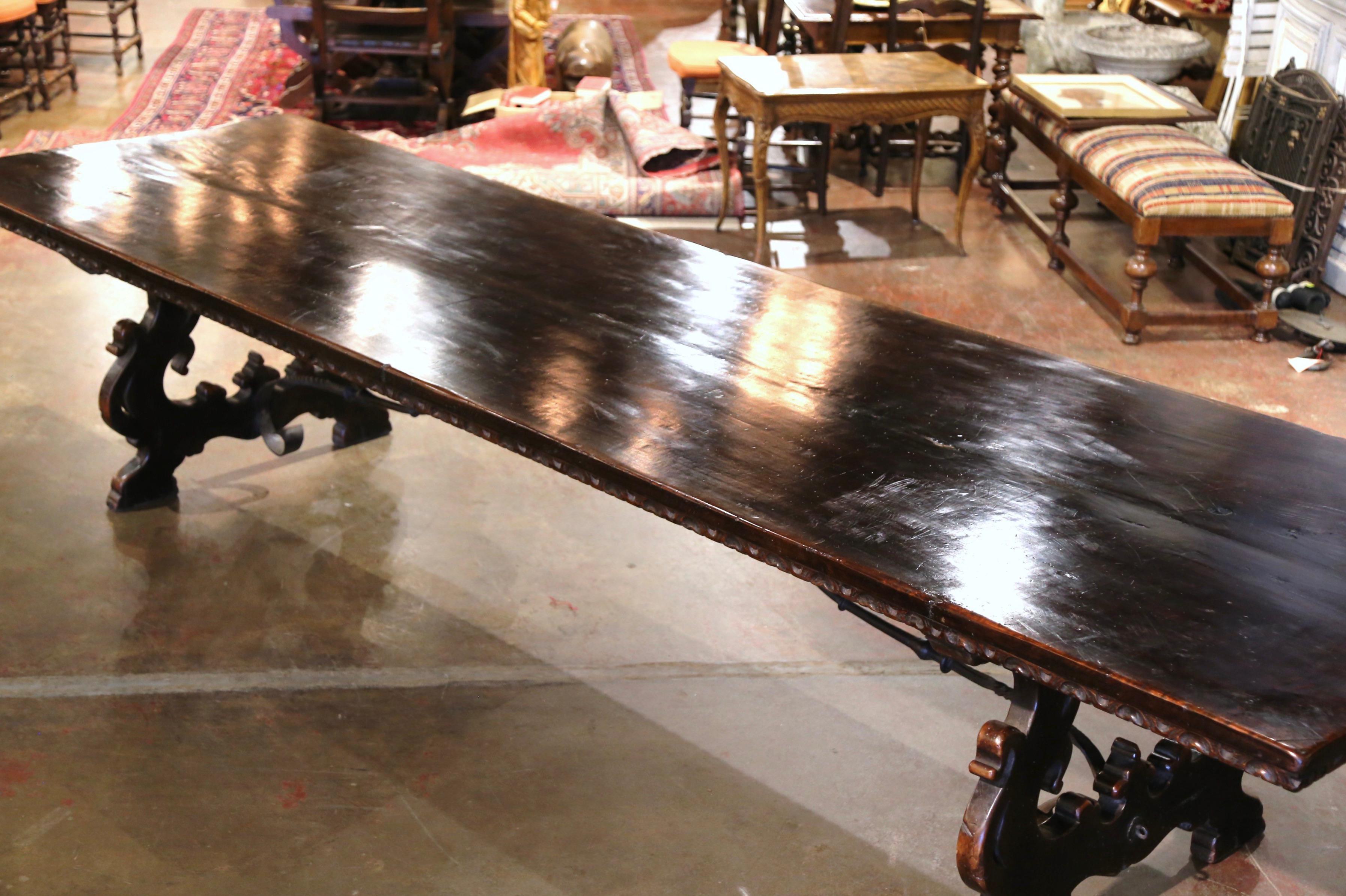 Hand-Carved 19th Century Italian Baroque Carved Walnut and Wrought Iron Trestle Dining Table
