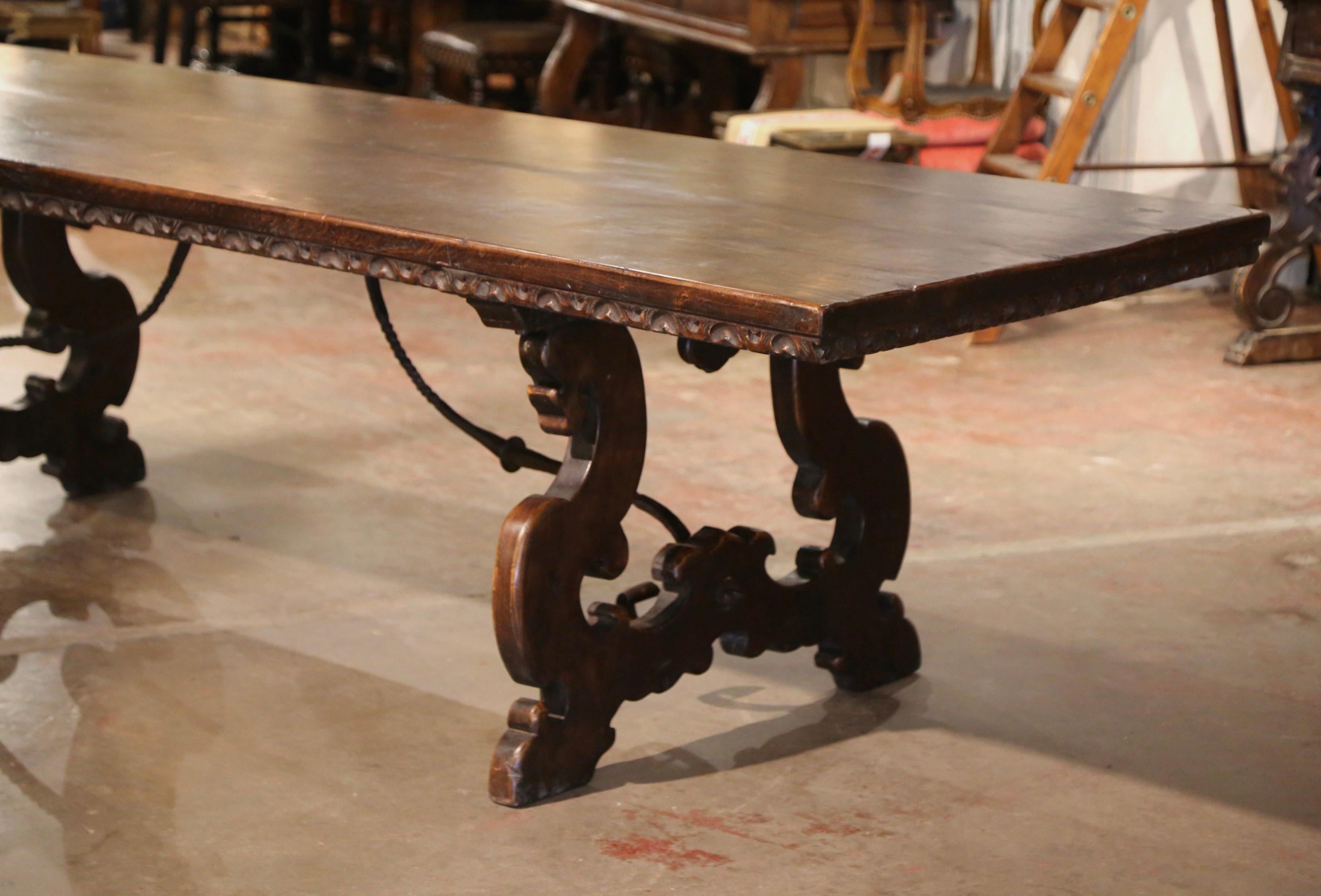 Hand-Carved 19th Century Italian Baroque Carved Walnut and Wrought Iron Trestle Dining Table
