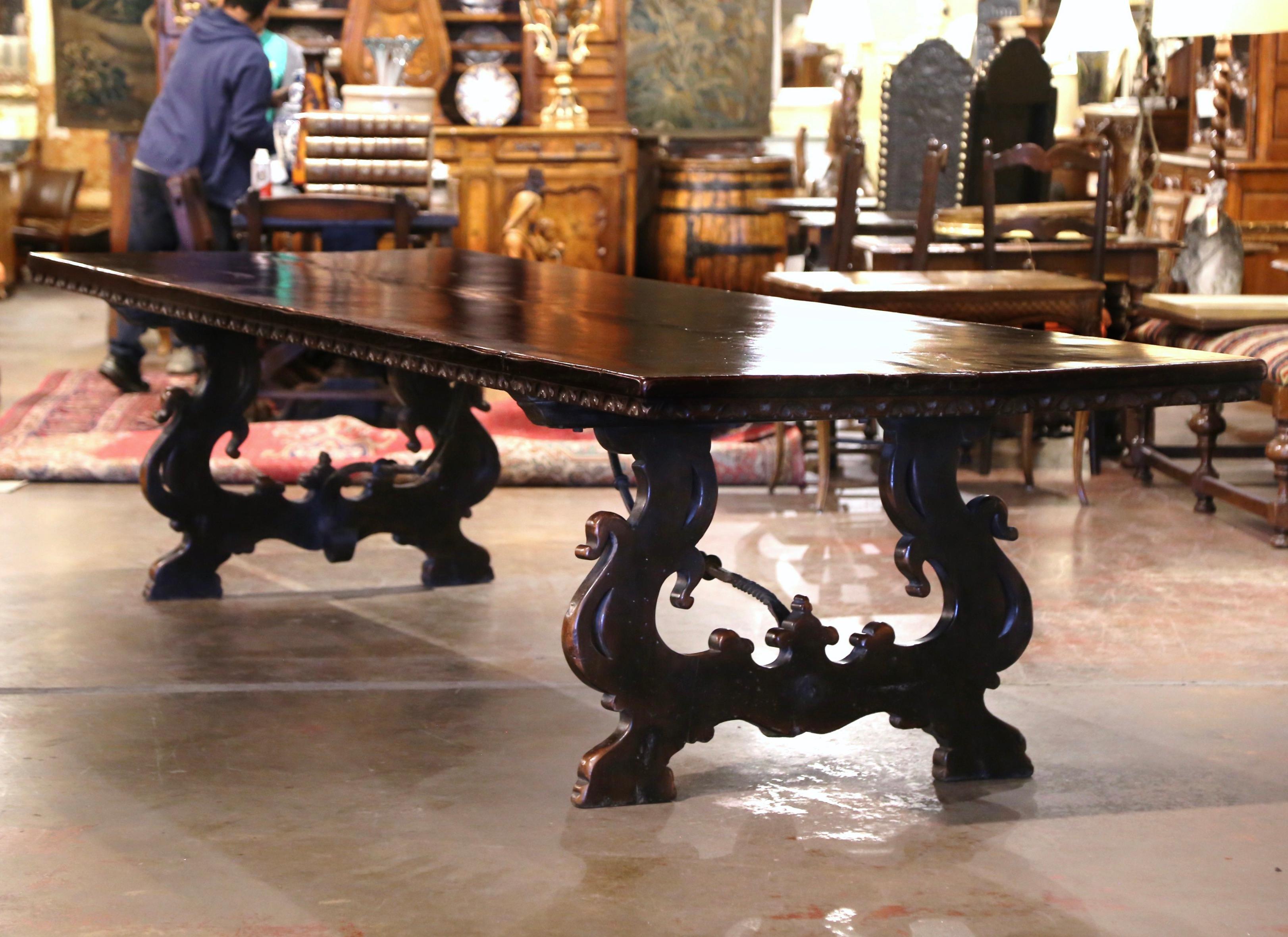 19th Century Italian Baroque Carved Walnut and Wrought Iron Trestle Dining Table In Excellent Condition In Dallas, TX