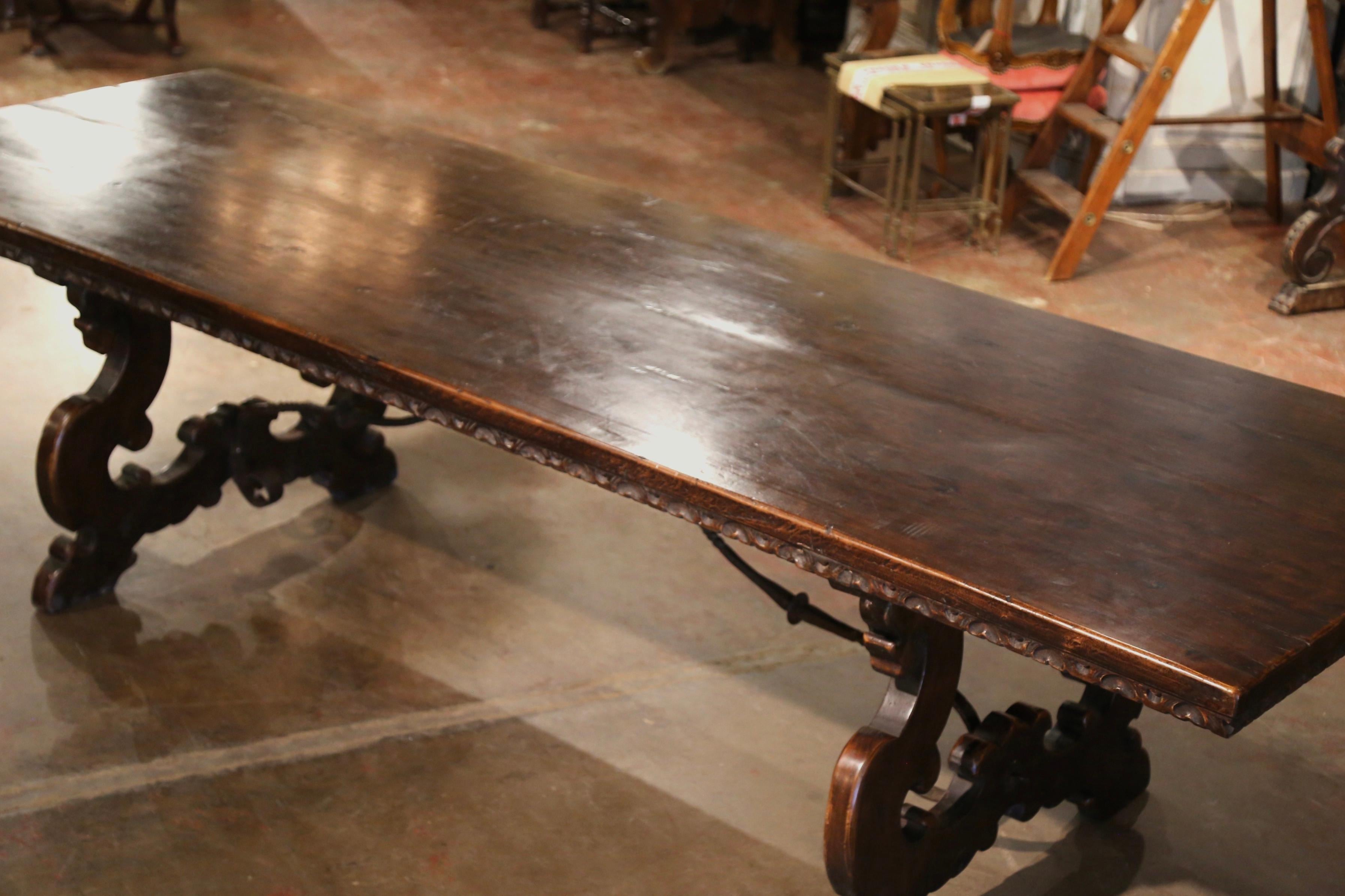19th Century Italian Baroque Carved Walnut and Wrought Iron Trestle Dining Table In Excellent Condition In Dallas, TX