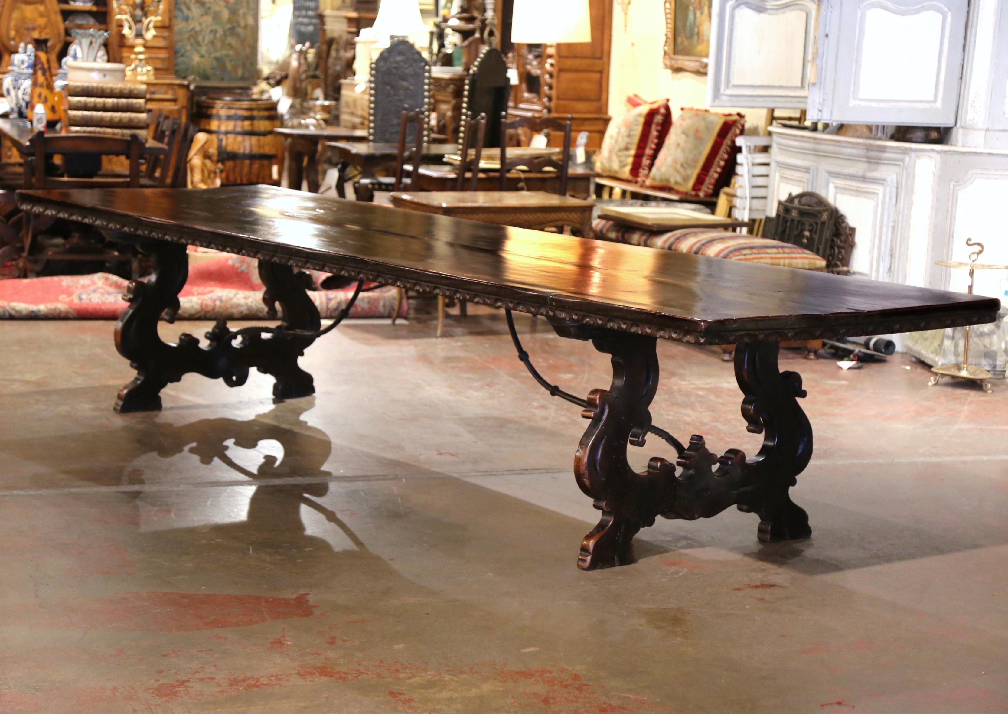 19th Century Italian Baroque Carved Walnut and Wrought Iron Trestle Dining Table 2