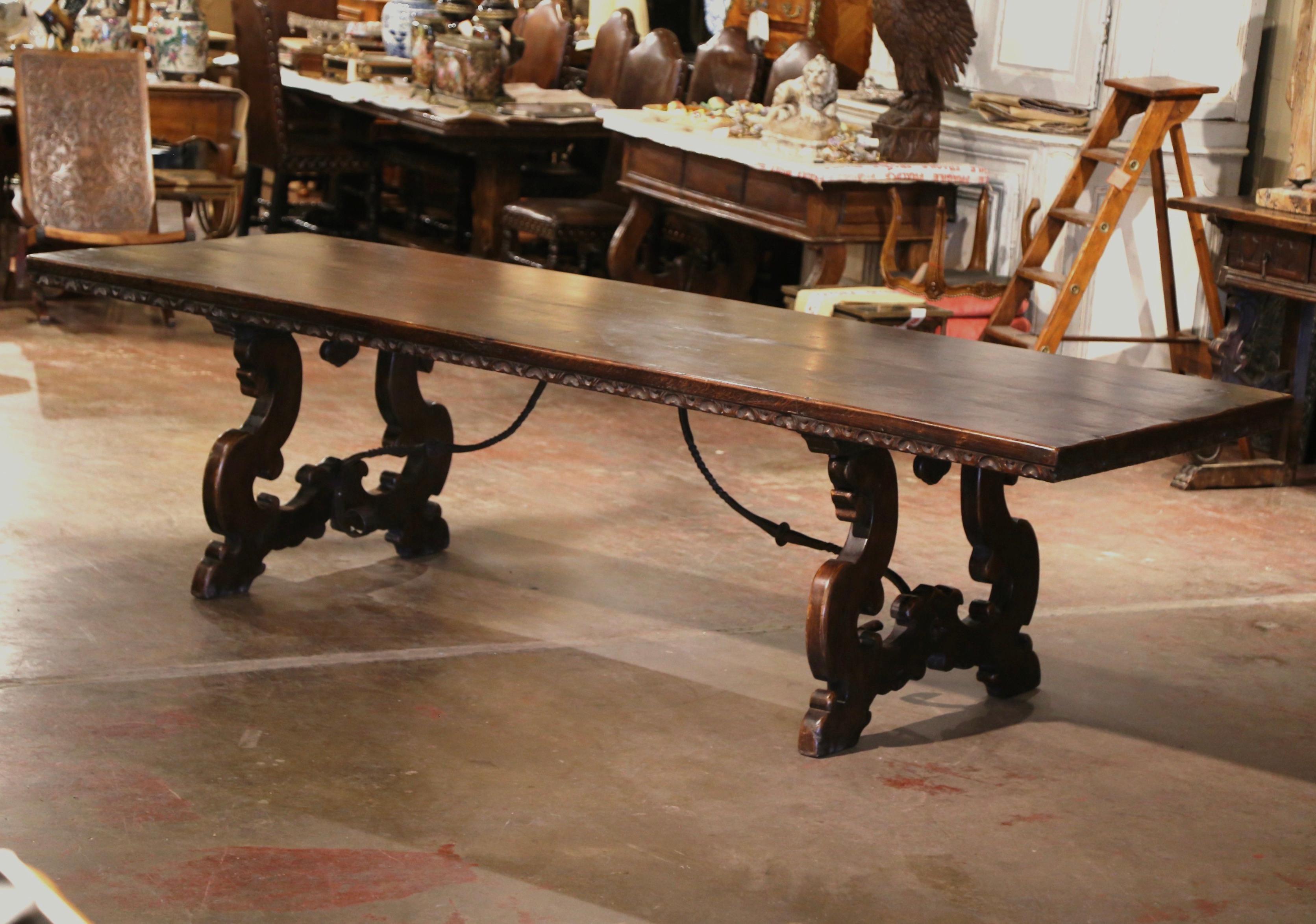 19th Century Italian Baroque Carved Walnut and Wrought Iron Trestle Dining Table 2