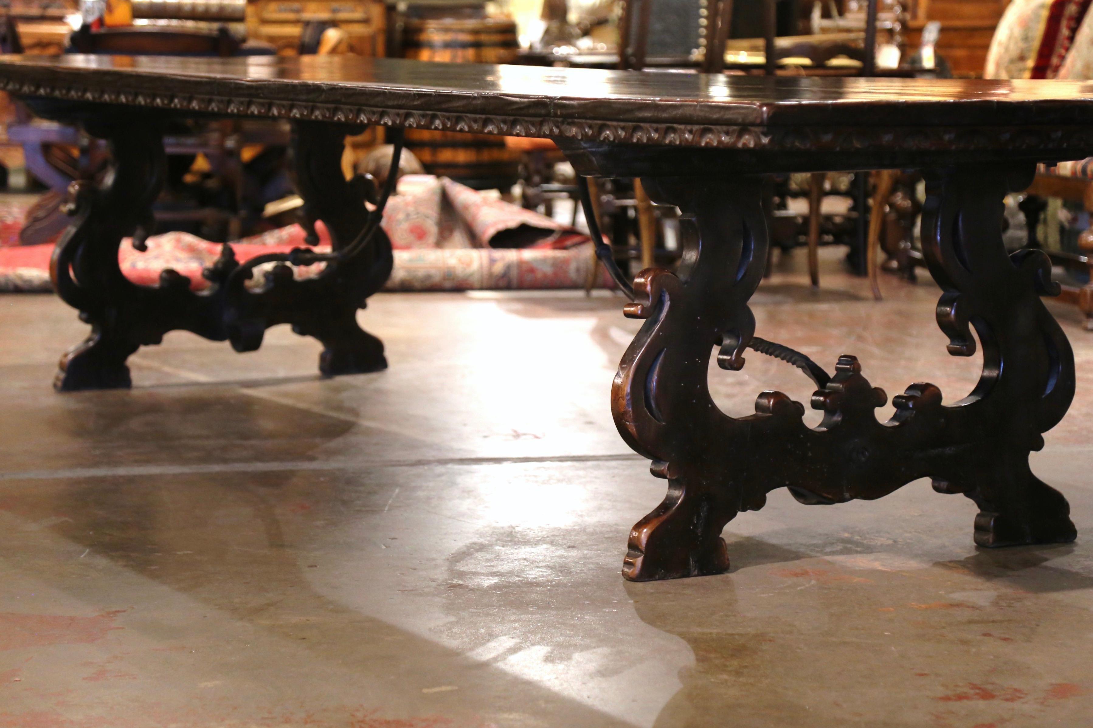 19th Century Italian Baroque Carved Walnut and Wrought Iron Trestle Dining Table 3