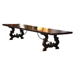 Antique 19th Century Italian Baroque Carved Walnut and Wrought Iron Trestle Dining Table