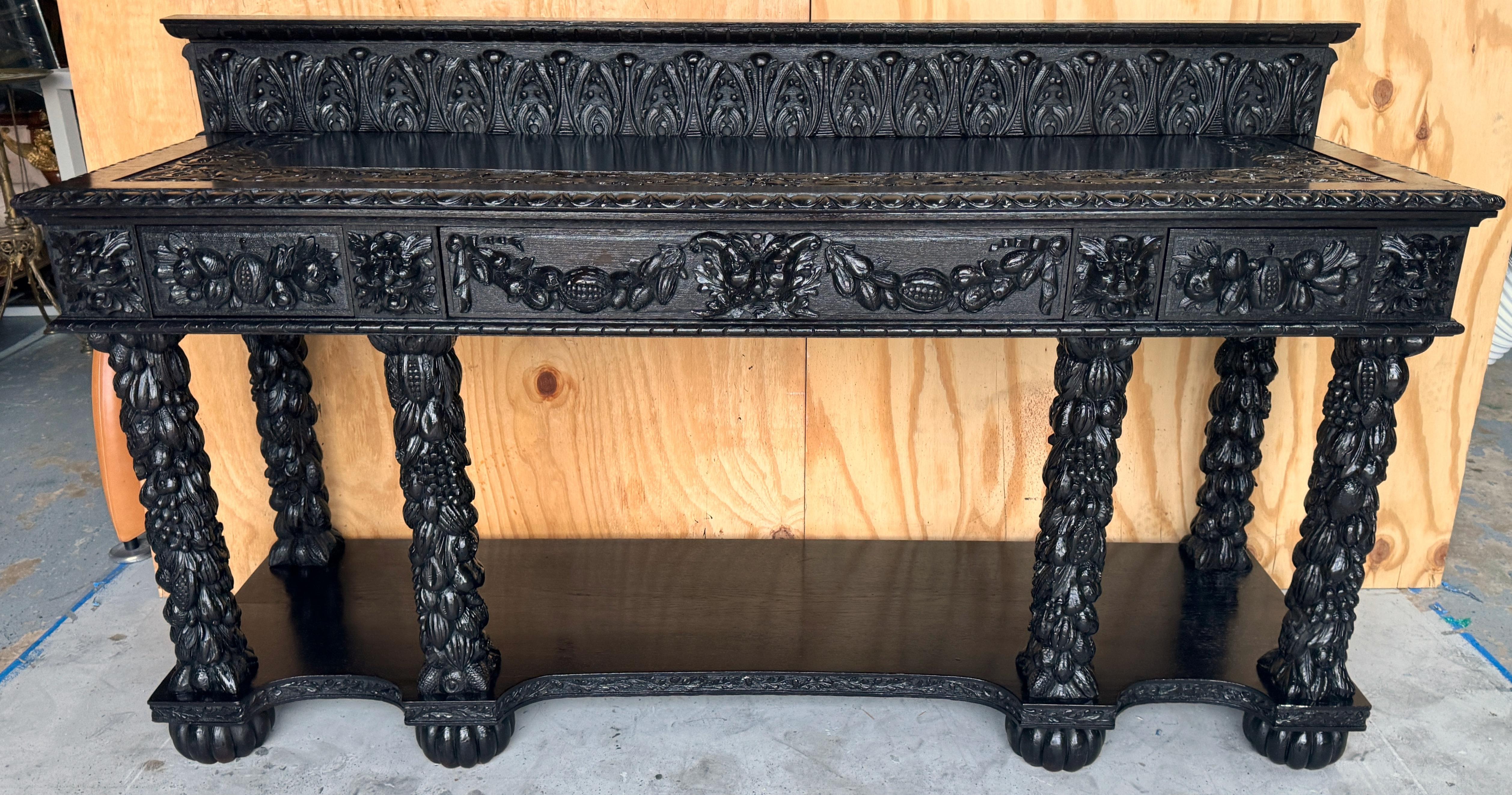 19th Century Italian Baroque / Florentine Carved Blackened Oak Hunt/ Sideboard  For Sale 7