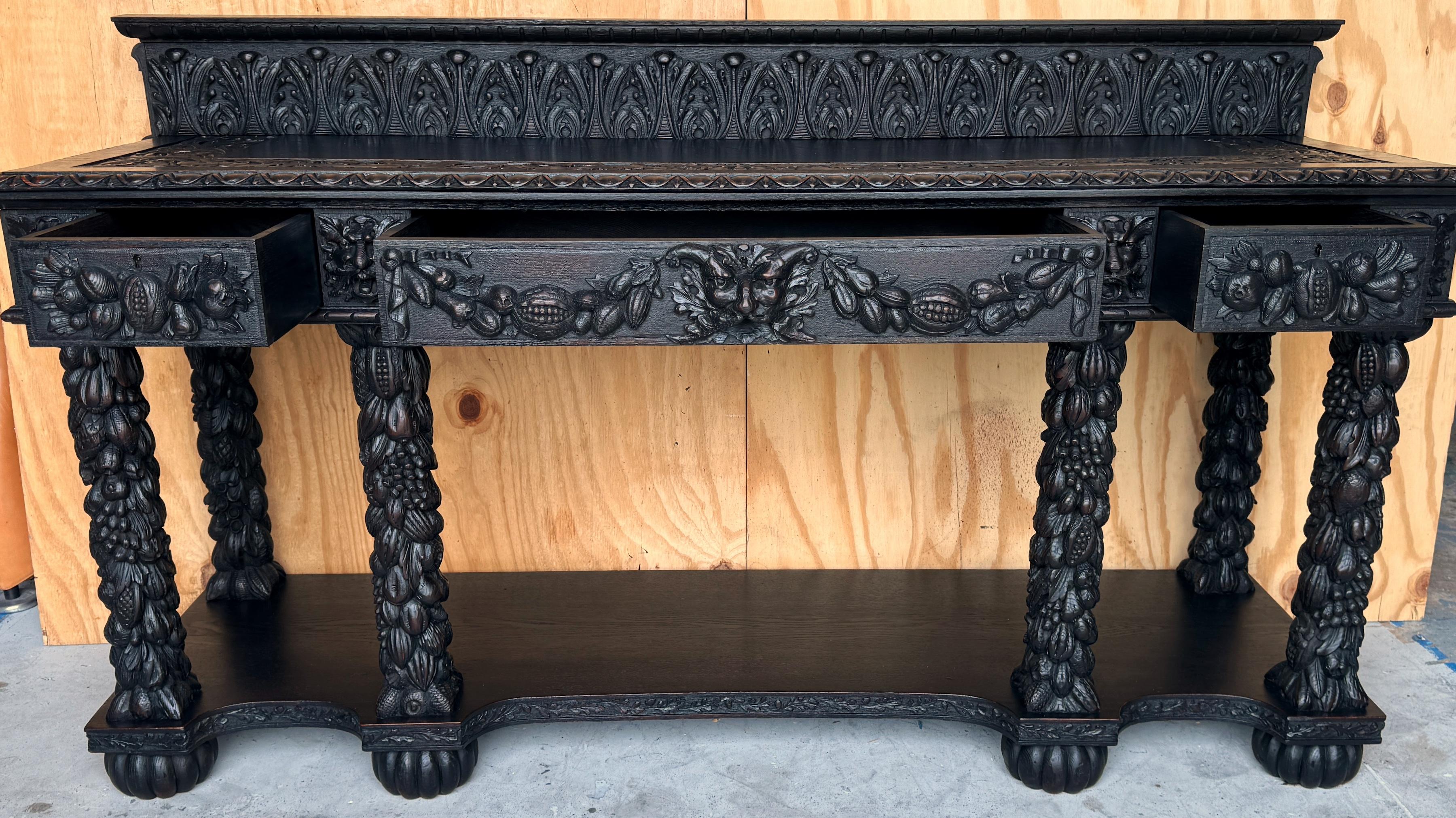 19th Century Italian Baroque / Florentine Carved Blackened Oak Hunt/ Sideboard  For Sale 9