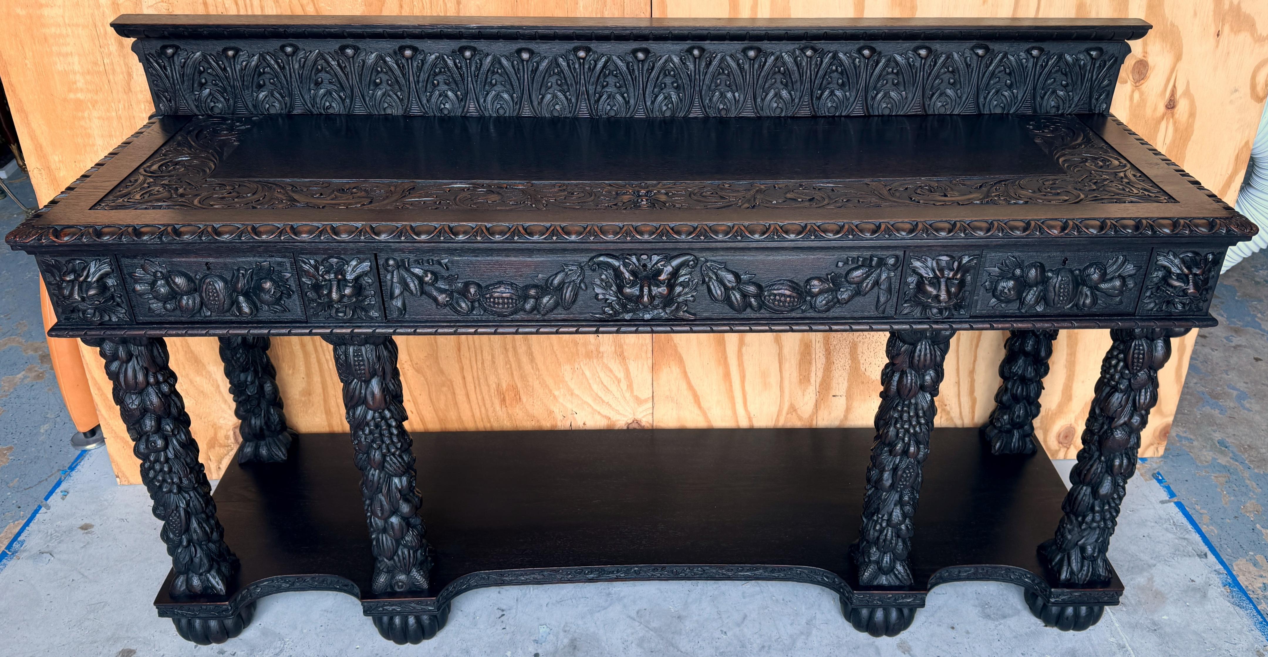 19th Century Italian Baroque / Florentine Carved Blackened Oak Hunt/ Sideboard  For Sale 2
