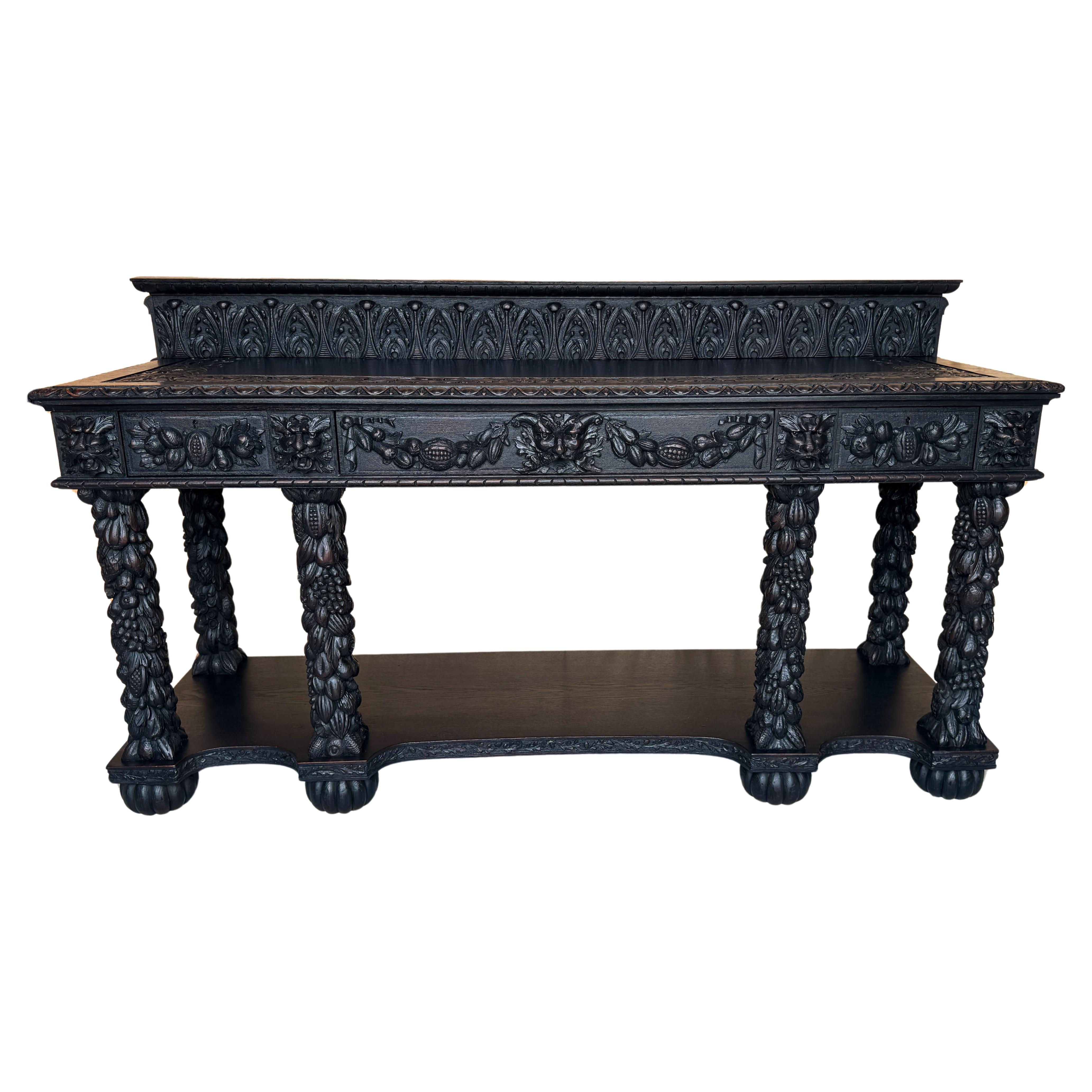 19th Century Italian Baroque / Florentine Carved Blackened Oak Hunt/ Sideboard 