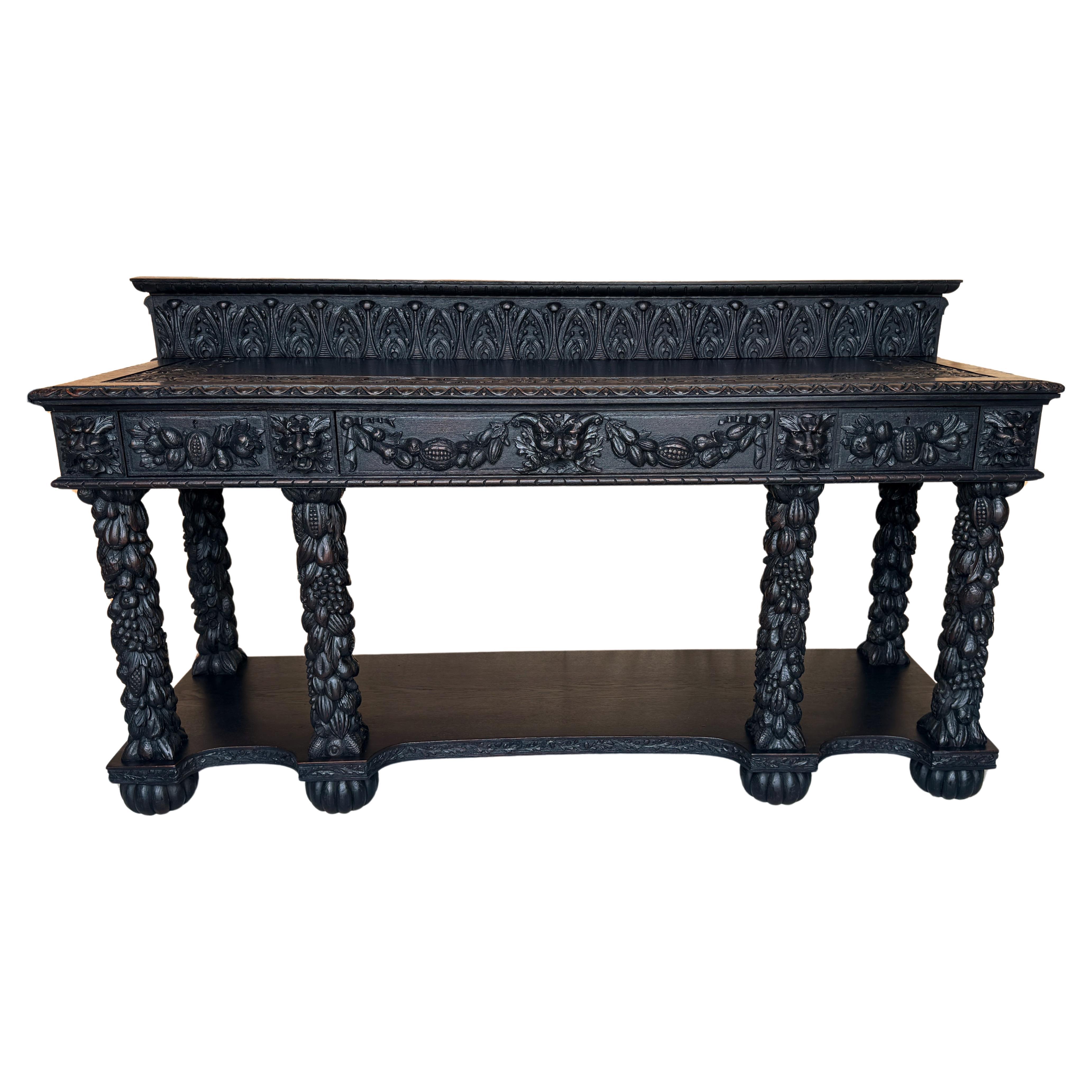 19. Jahrhundert Italienischer Barock / Florentine Geschnitzte geschwärzte Oak Hunt/ Sideboard  im Angebot