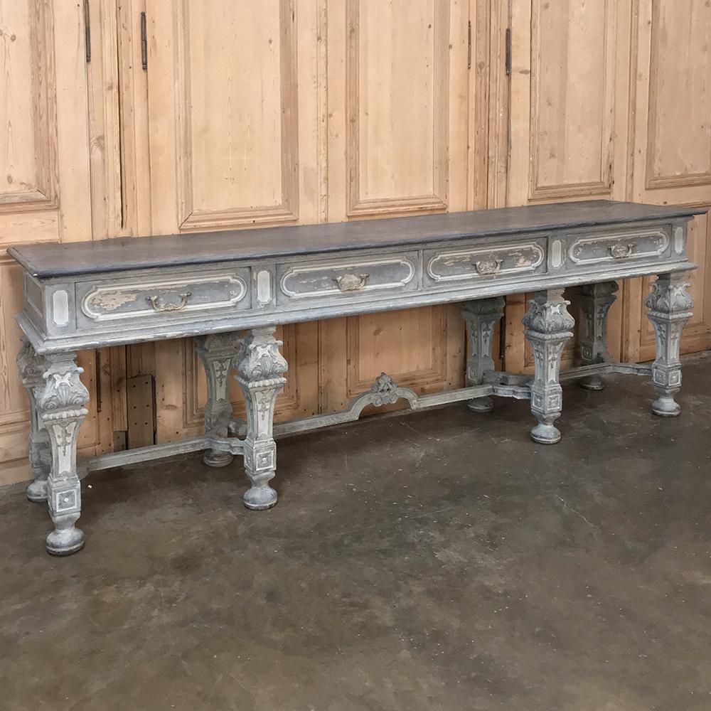 19th century Italian Baroque painted console was crafted on a grand scale, and represents a marvel of master Italian craftsmanship, exhibiting the Baroque style in a definitive way that would make the French King Louis XIV take a much closer look!