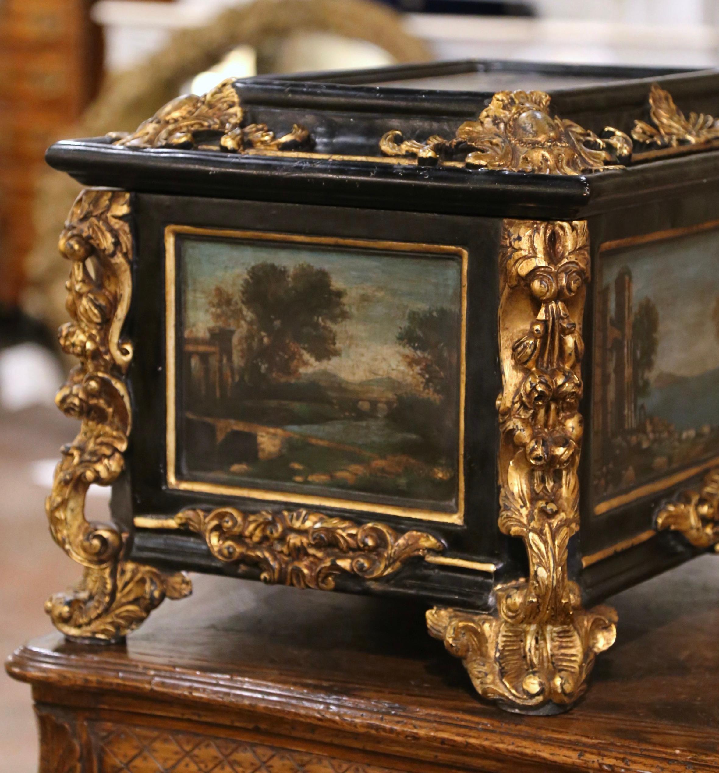 19th Century Italian Baroque Parcel Gilt and Hand Painted Table Box Casket For Sale 5
