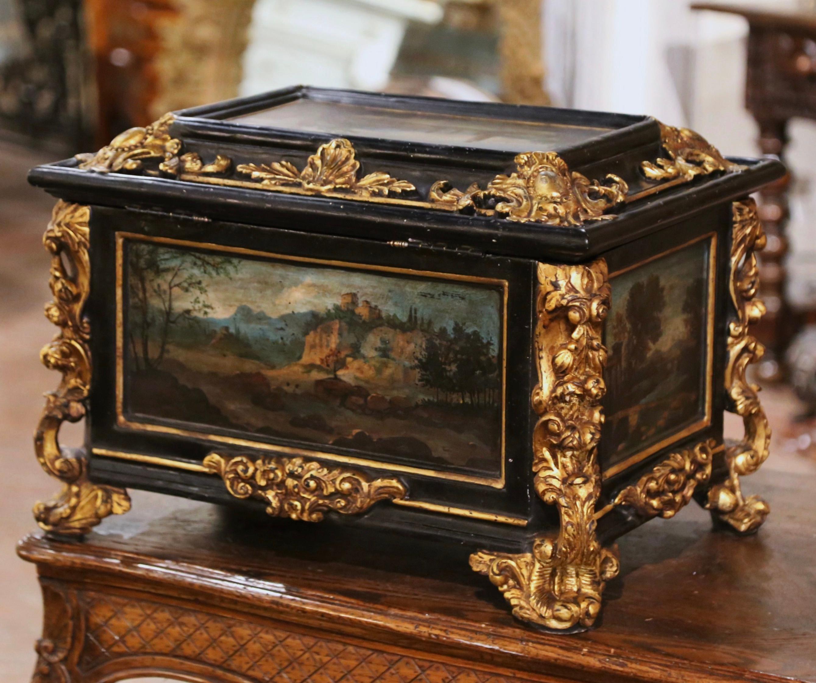 19th Century Italian Baroque Parcel Gilt and Hand Painted Table Box Casket For Sale 6