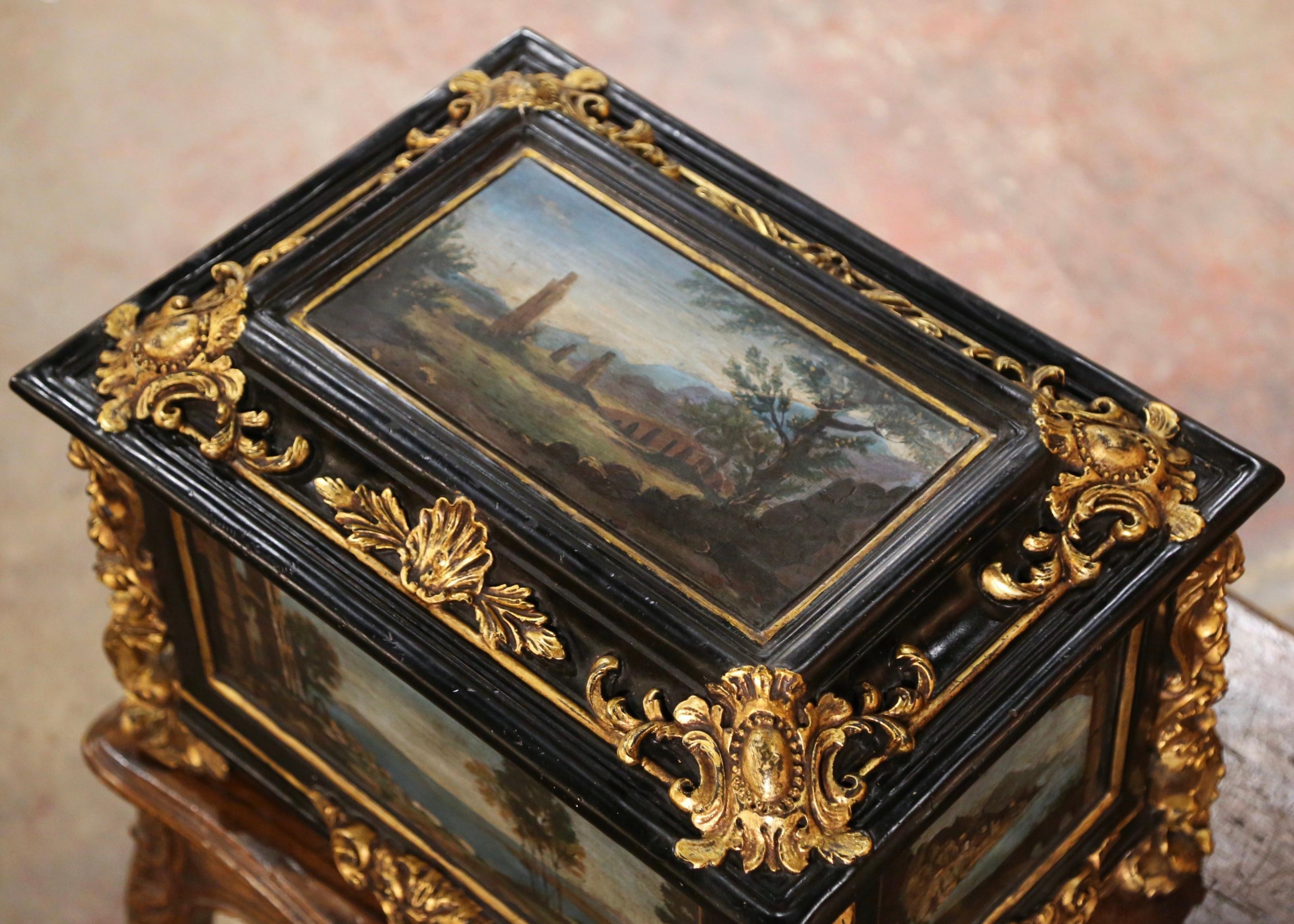 Ebonized 19th Century Italian Baroque Parcel Gilt and Hand Painted Table Box Casket For Sale
