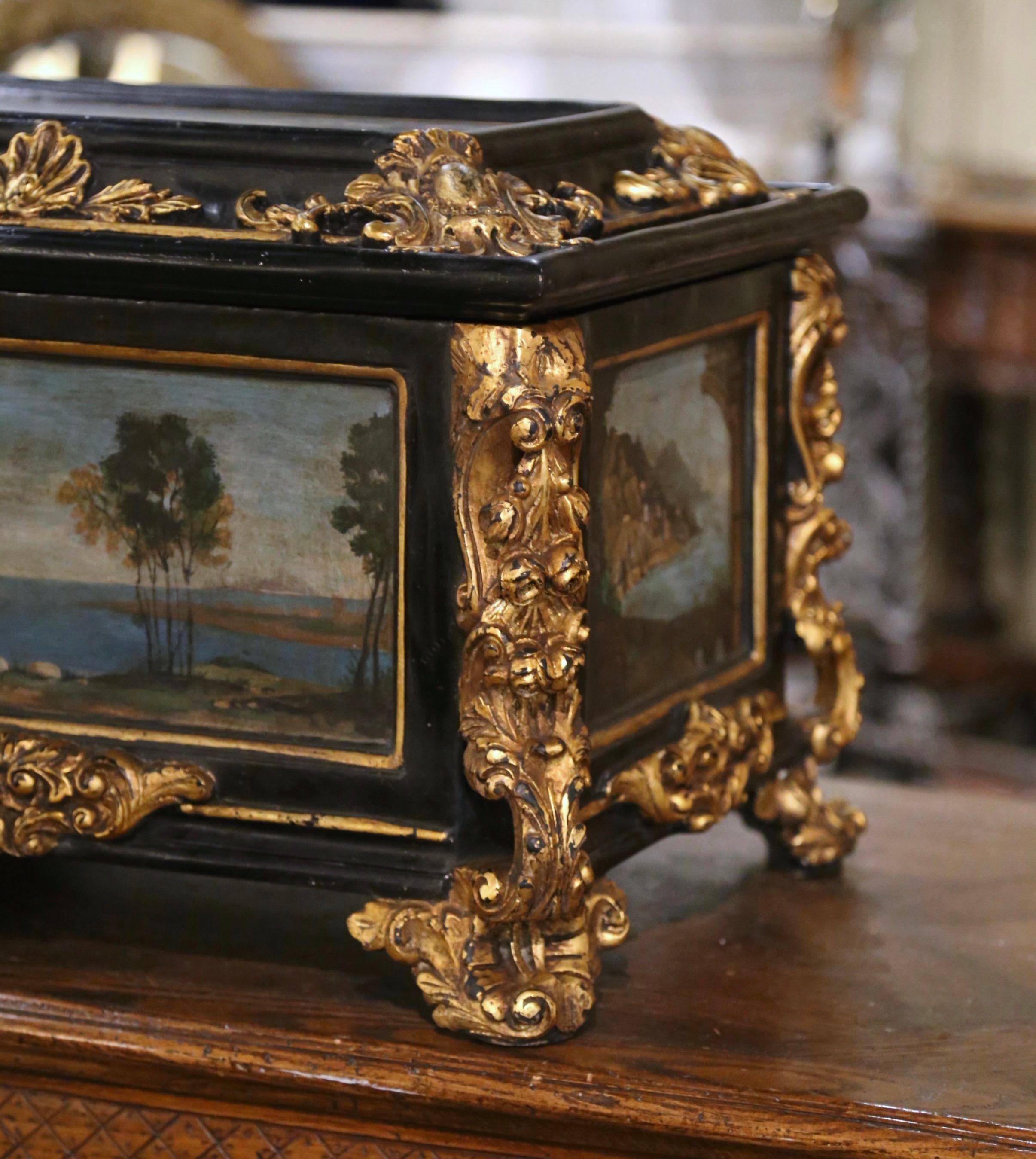 Oak 19th Century Italian Baroque Parcel Gilt and Hand Painted Table Box Casket For Sale
