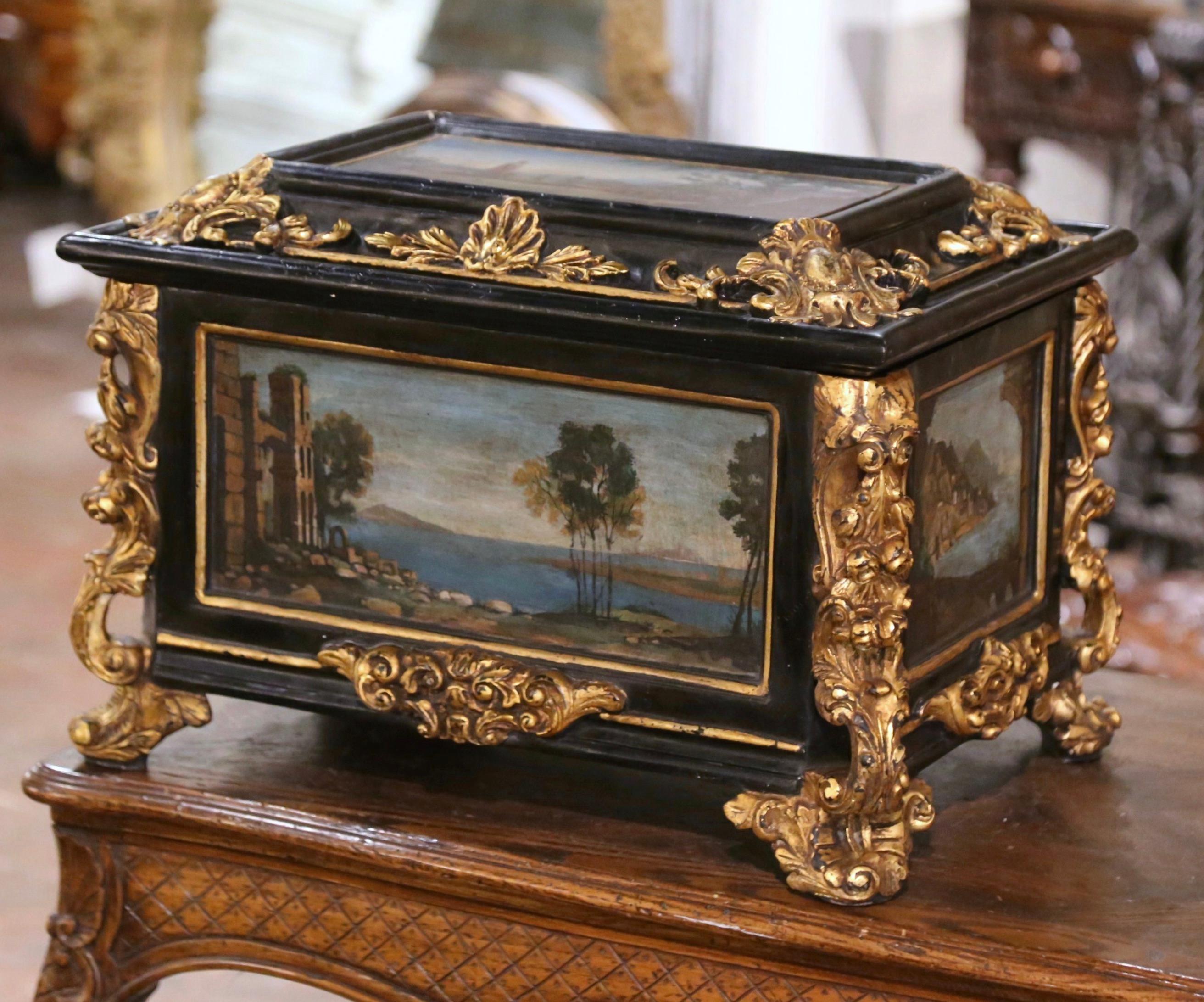 19th Century Italian Baroque Parcel Gilt and Hand Painted Table Box Casket For Sale 1