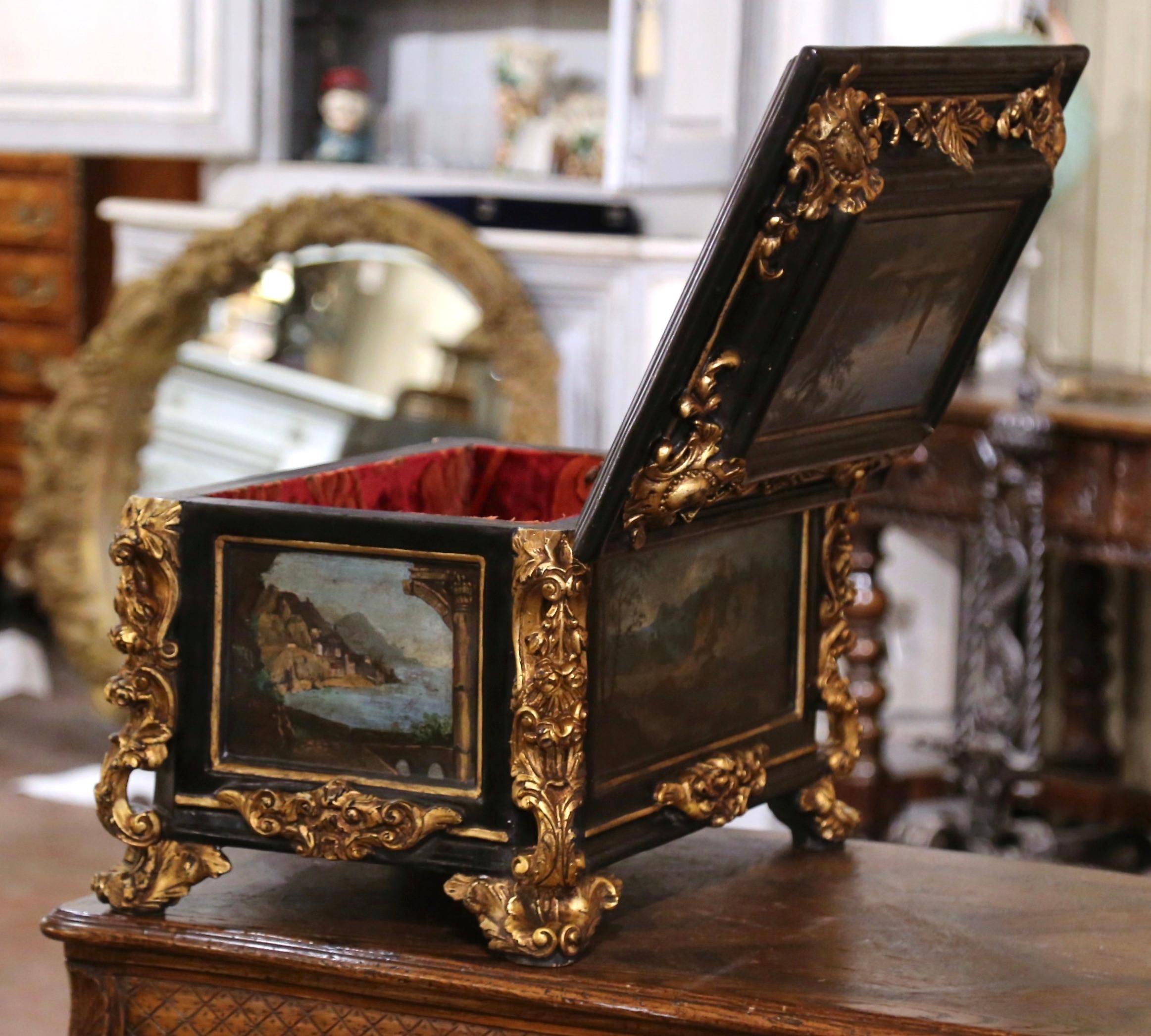 19th Century Italian Baroque Parcel Gilt and Hand Painted Table Box Casket For Sale 3