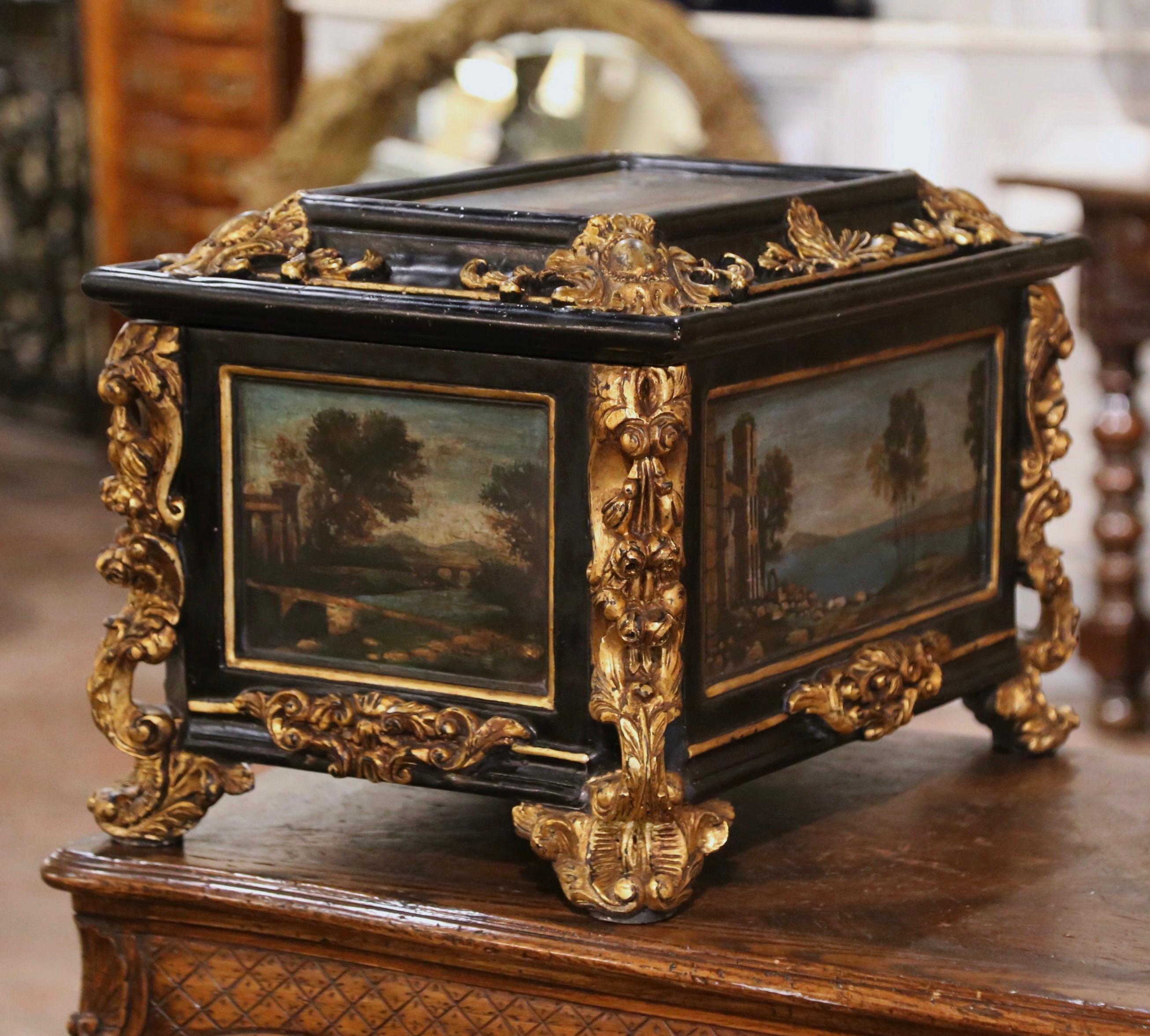 19th Century Italian Baroque Parcel Gilt and Hand Painted Table Box Casket For Sale 4