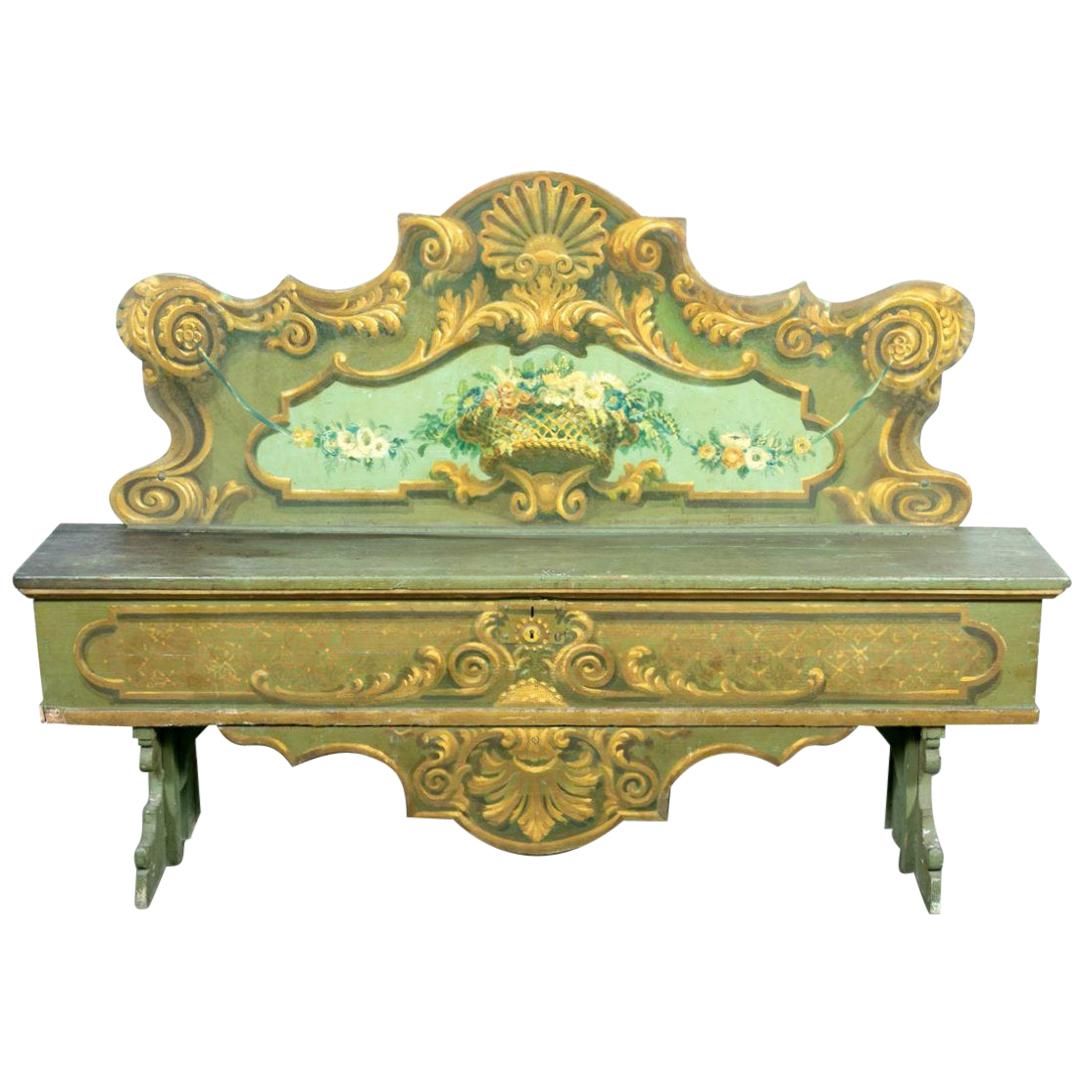 19th Century Italian Baroque Polychrome Cassapanca Wood Storage Hall Bench For Sale