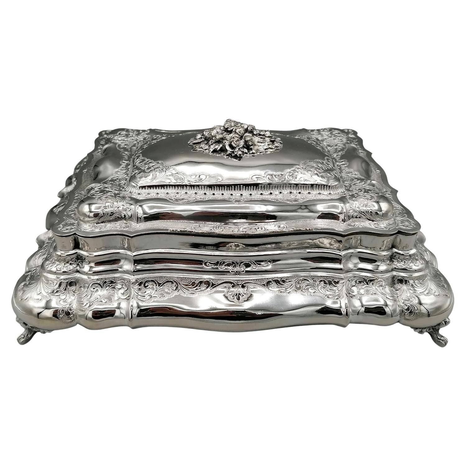 19th Century Italian Baroque Style Solid Silver Hand Made Jewellery Box Case For Sale