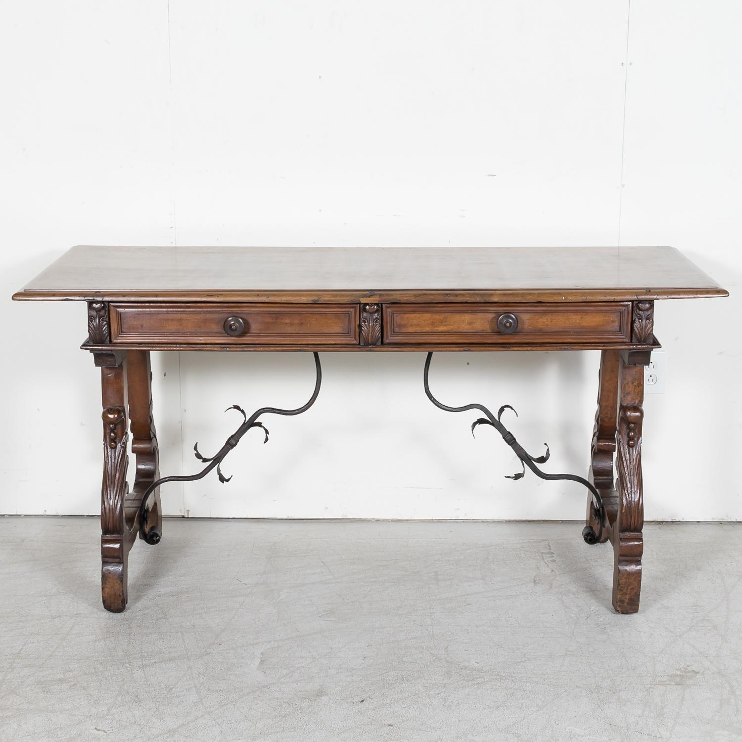 Forged 19th Century Italian Baroque Style Walnut Fratino Console Table with Drawers