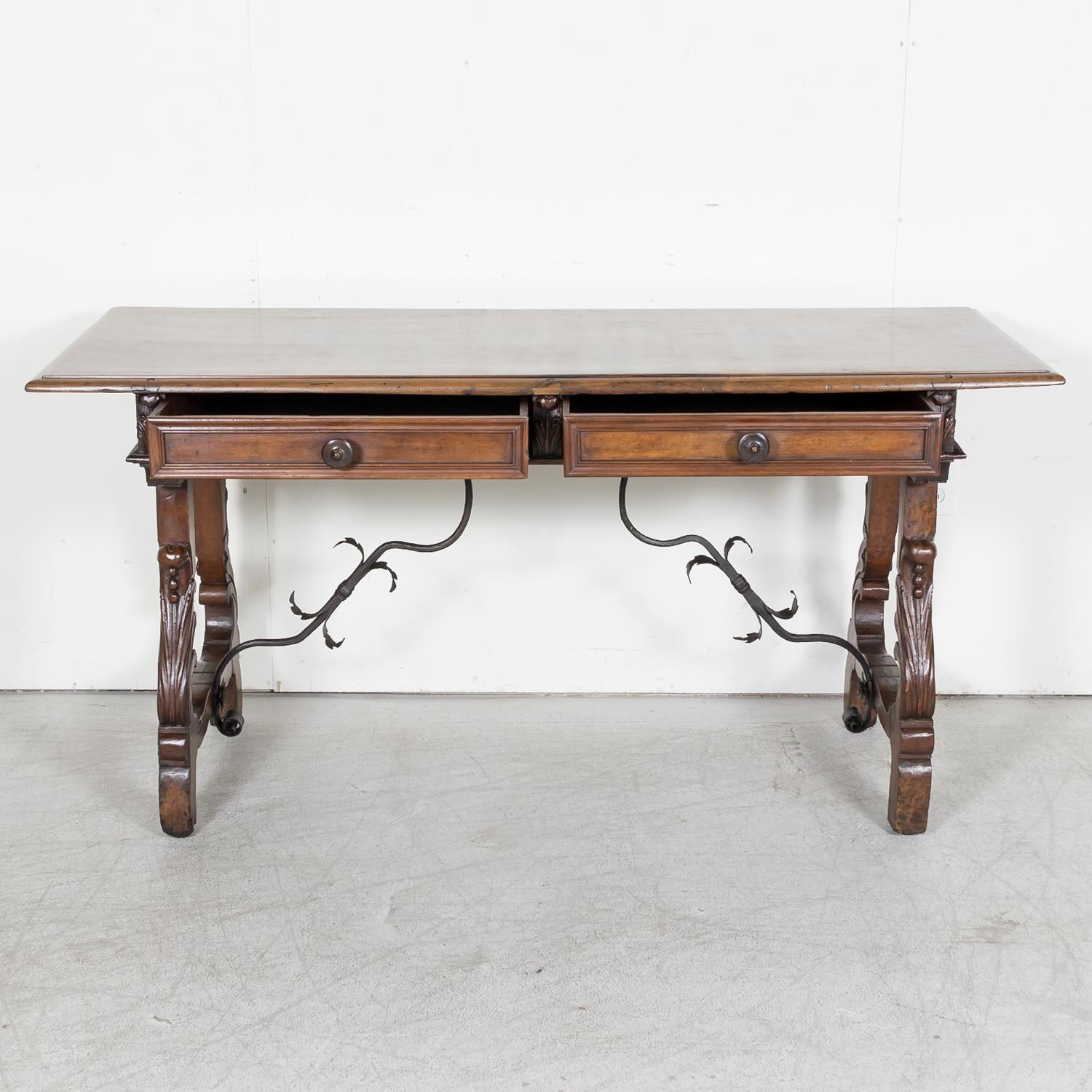 Iron 19th Century Italian Baroque Style Walnut Fratino Console Table with Drawers