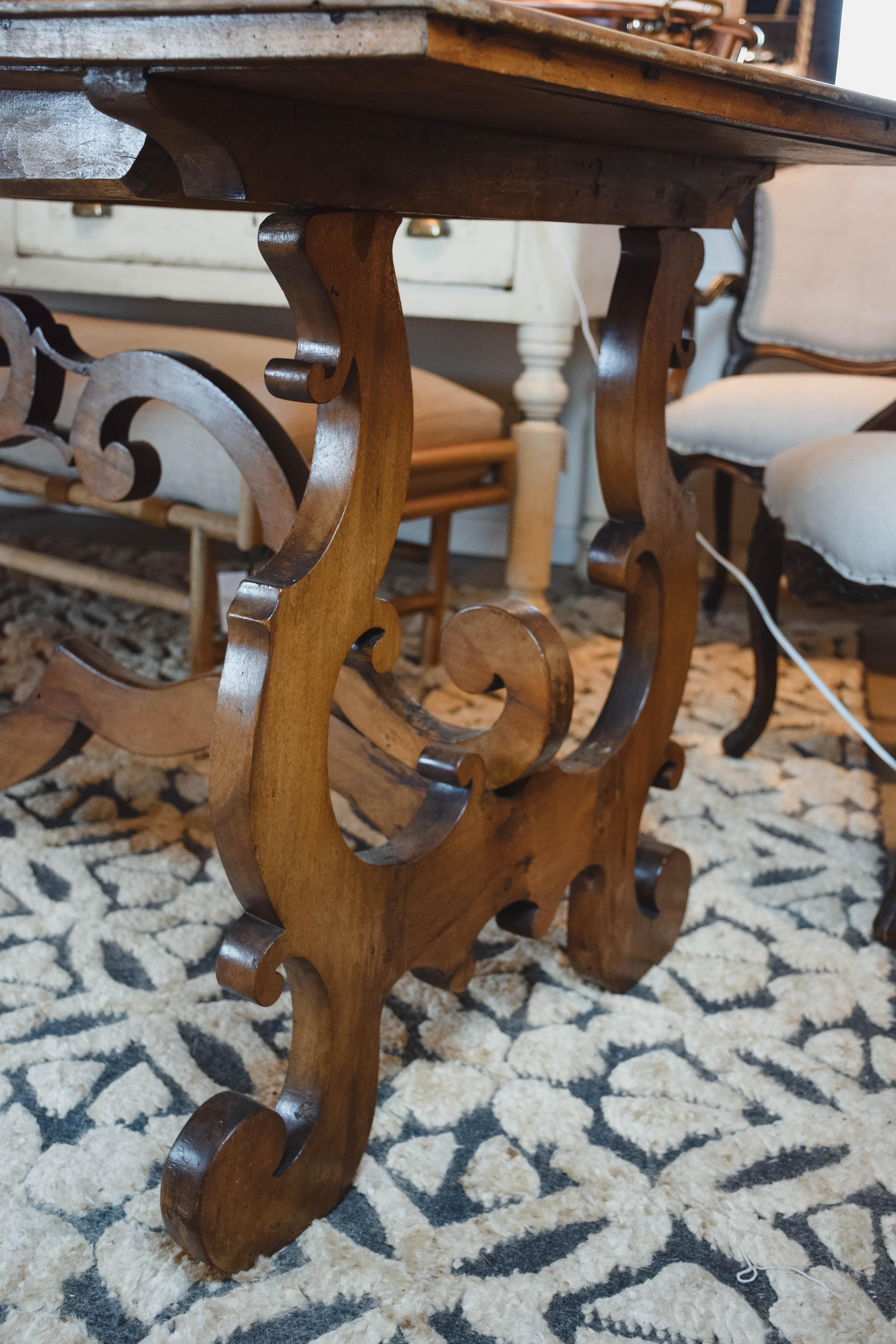 19th Century Italian Baroque Style Walnut Trestle Table In Good Condition In Houston, TX