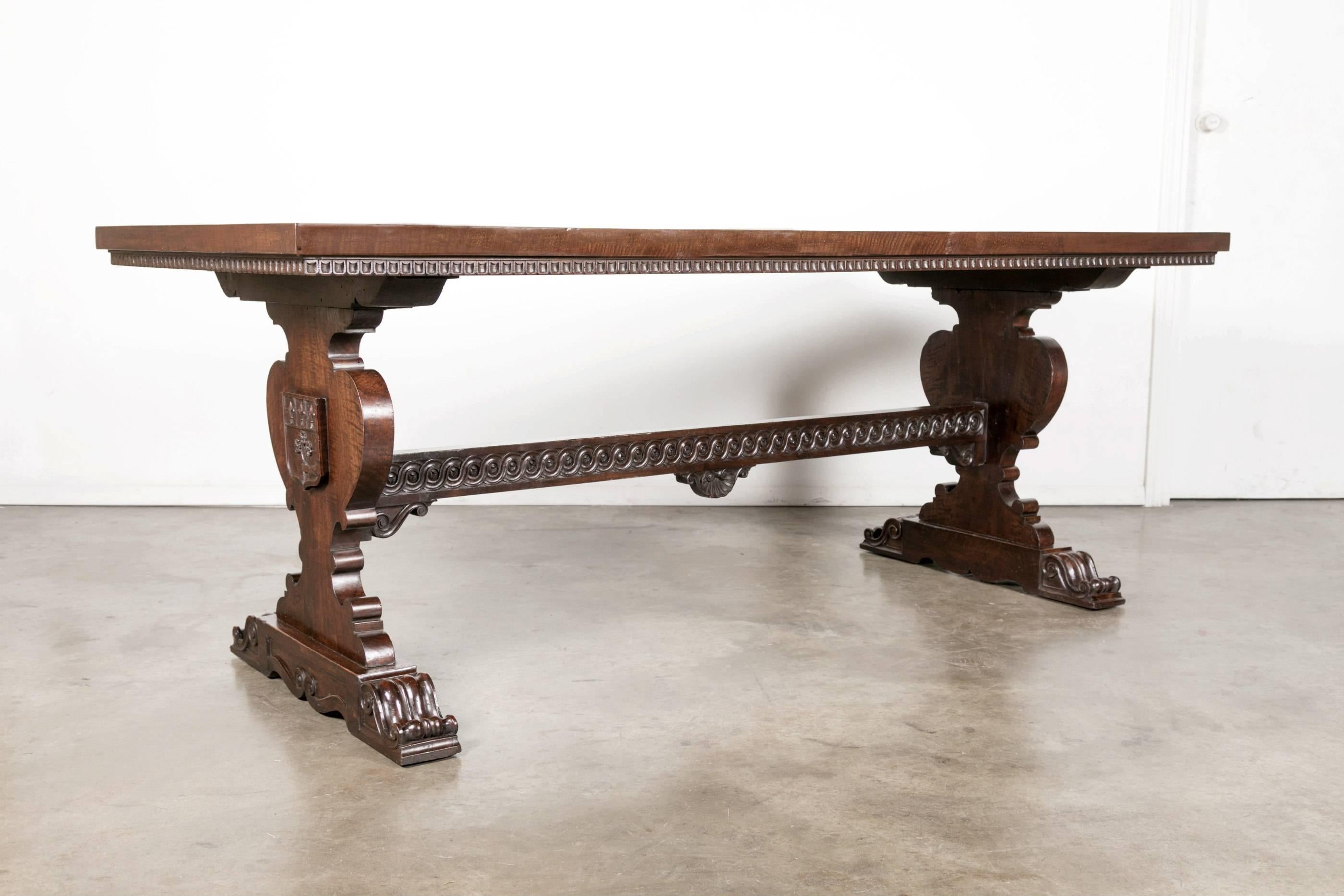 19th Century Italian Baroque Style Walnut Trestle Table with Fruitwood Marquetry In Excellent Condition In Birmingham, AL