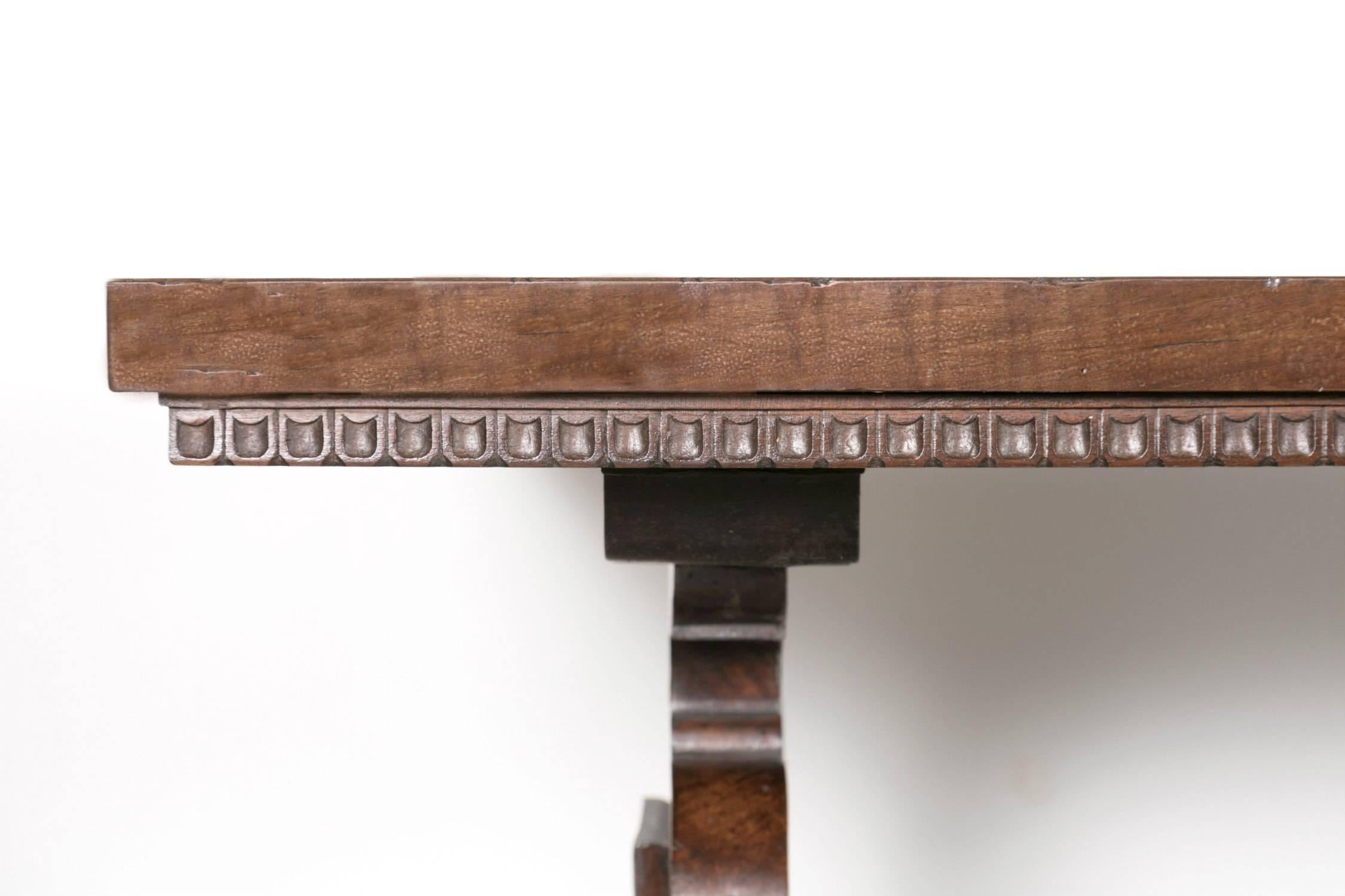 19th Century Italian Baroque Style Walnut Trestle Table with Fruitwood Marquetry 1