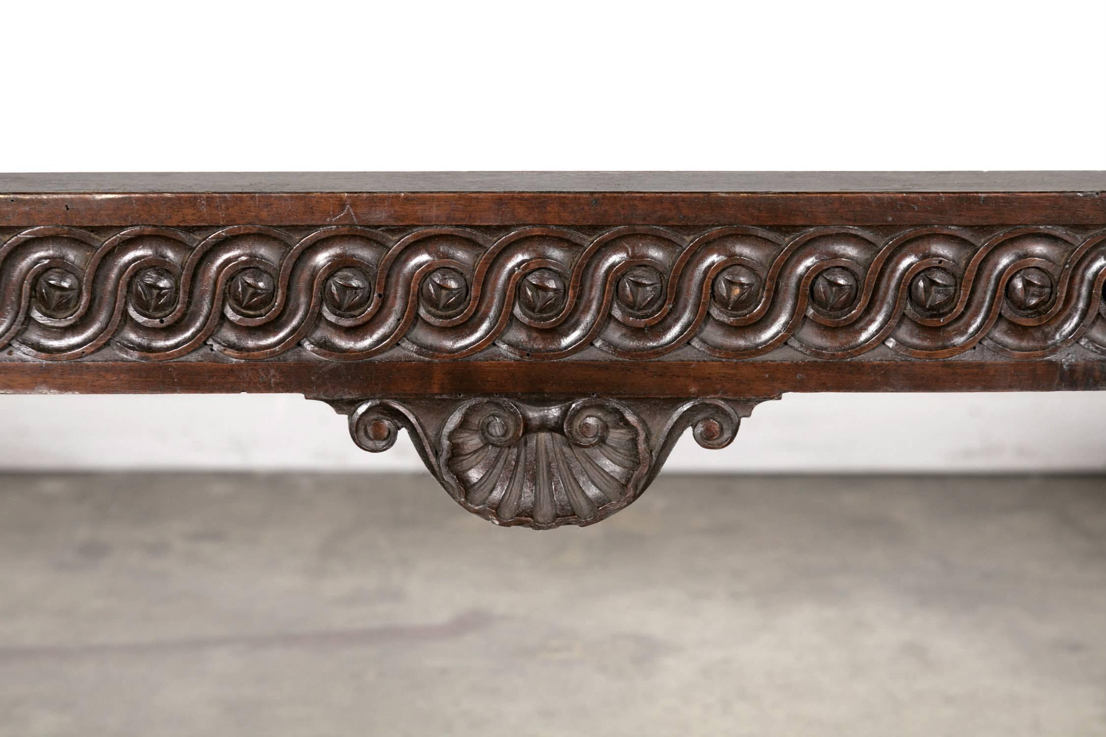 19th Century Italian Baroque Style Walnut Trestle Table with Fruitwood Marquetry 2