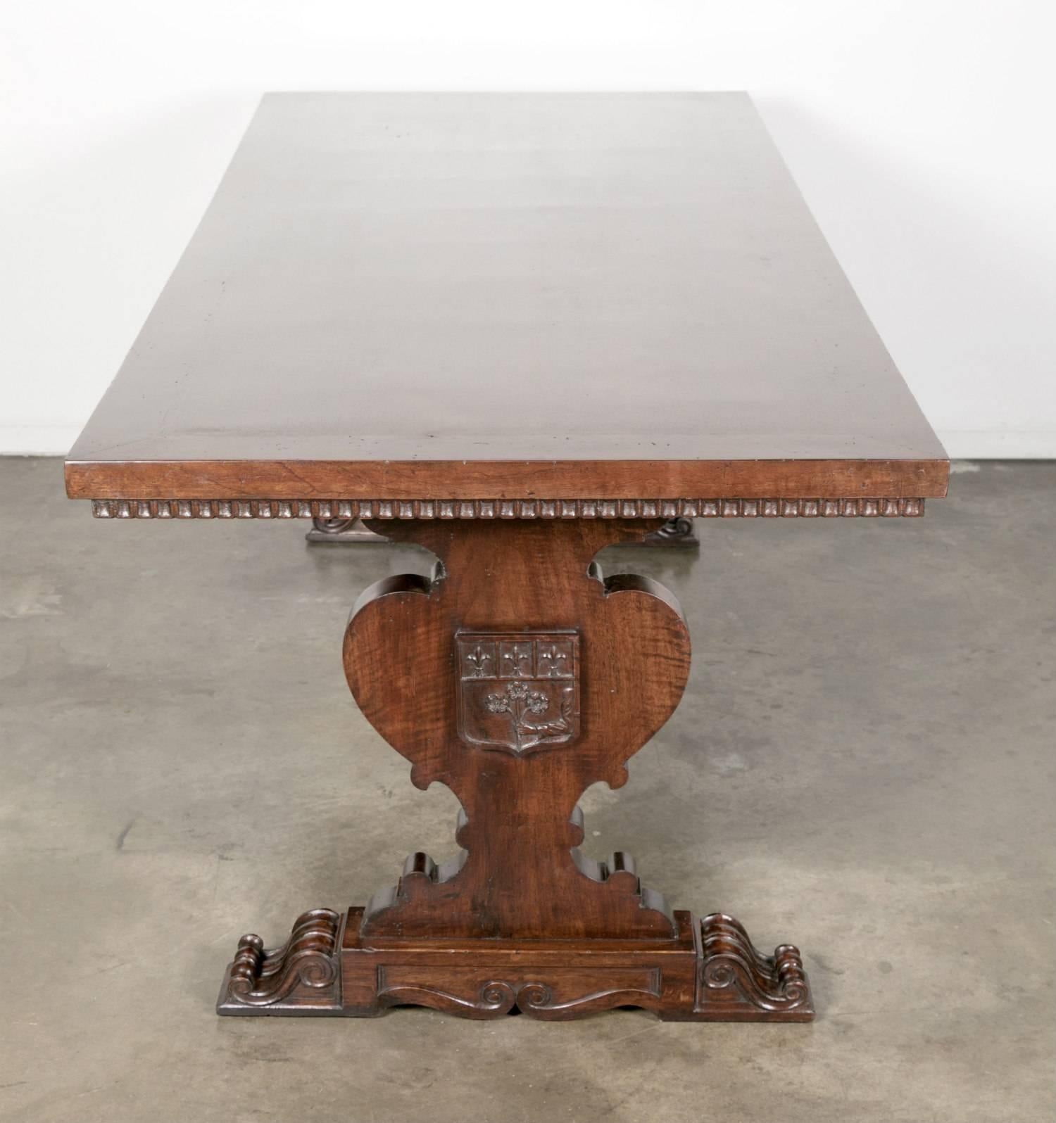 19th Century Italian Baroque Style Walnut Trestle Table with Fruitwood Marquetry 5