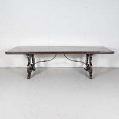 19th Century Italian Baroque Style Walnut Trestle Table with Iron Stretcher