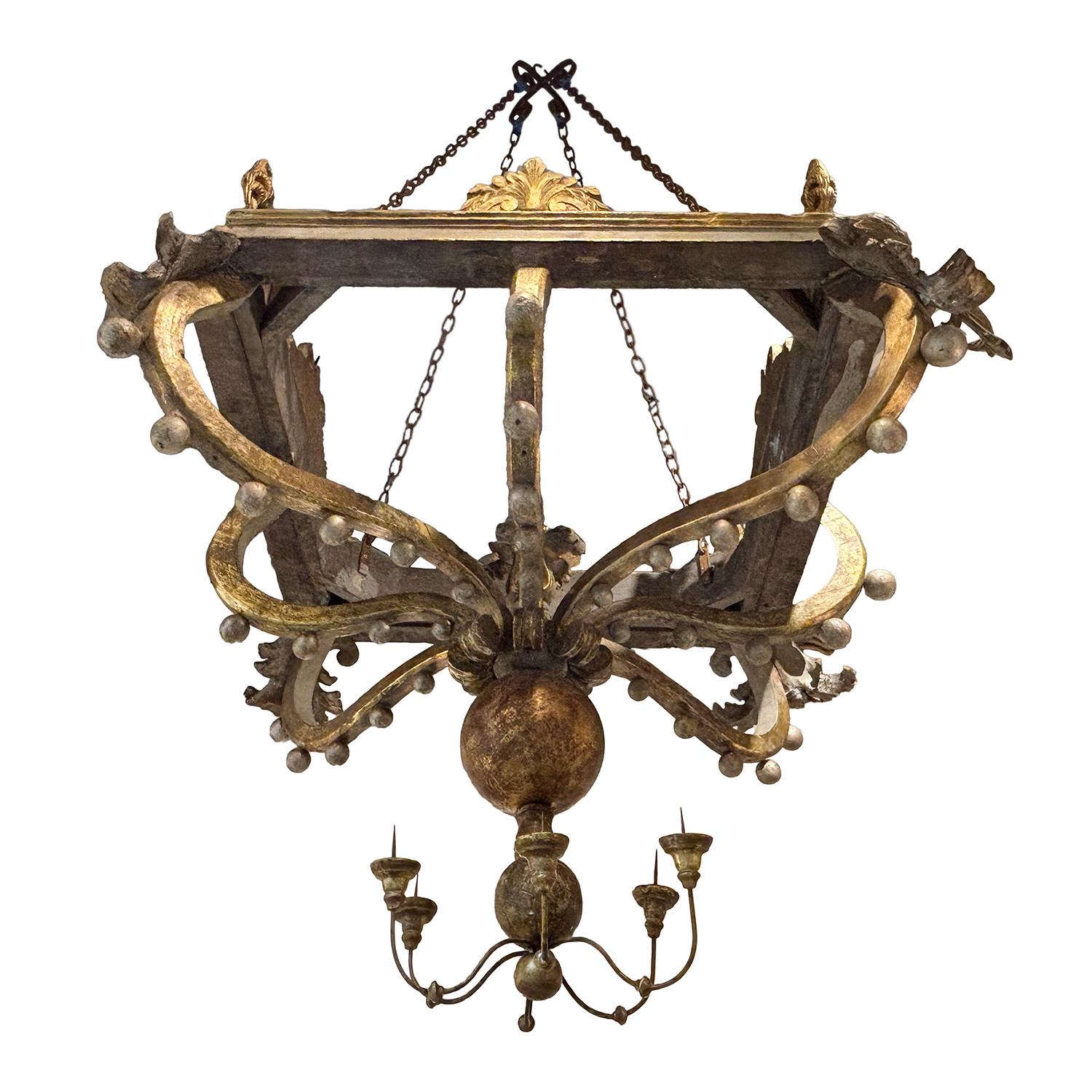 Hand-Carved 19th Century Italian Basswood Chandelier Pendant - Large Antique Light Fixture For Sale
