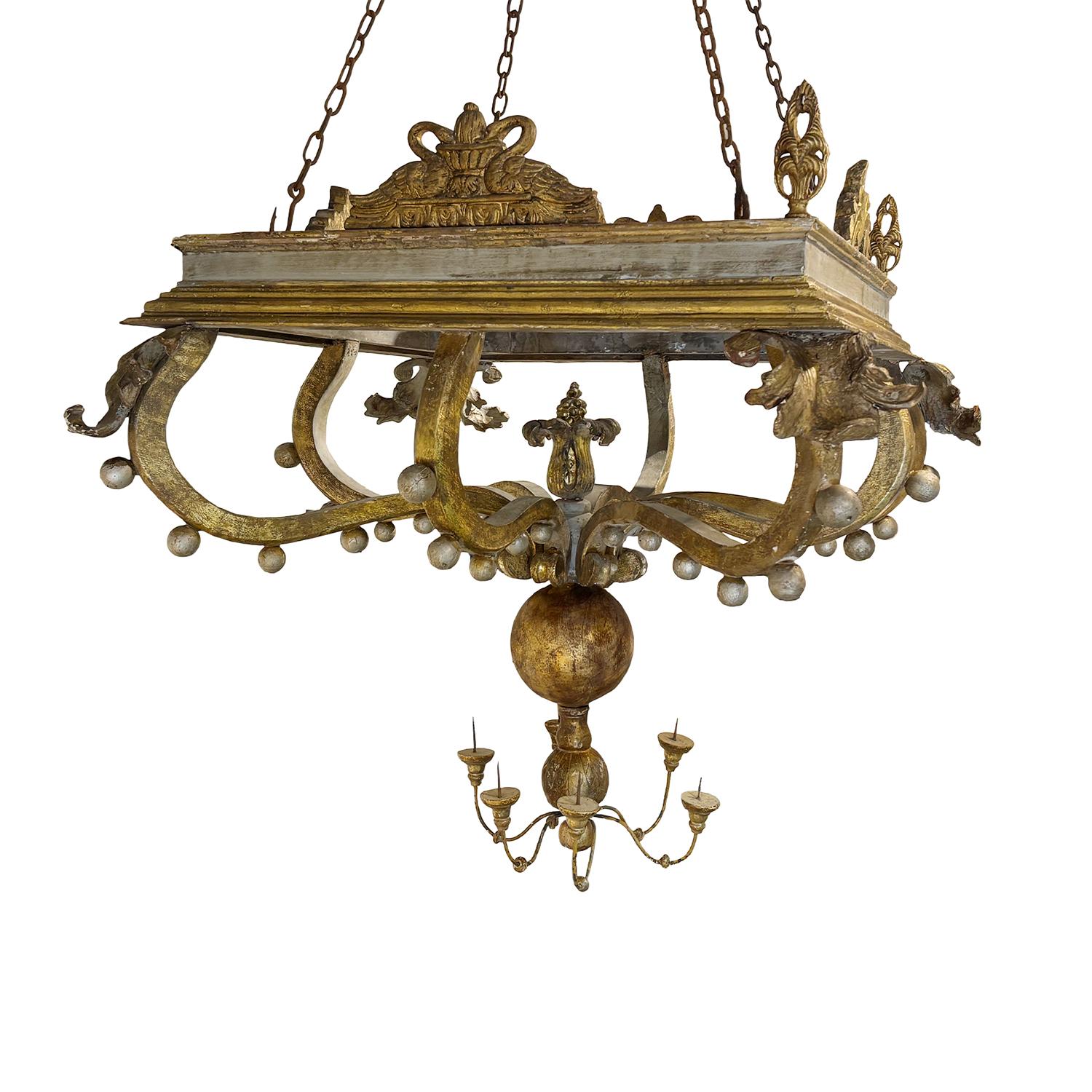 19th Century Italian Basswood Chandelier Pendant - Large Antique Light Fixture In Good Condition For Sale In West Palm Beach, FL