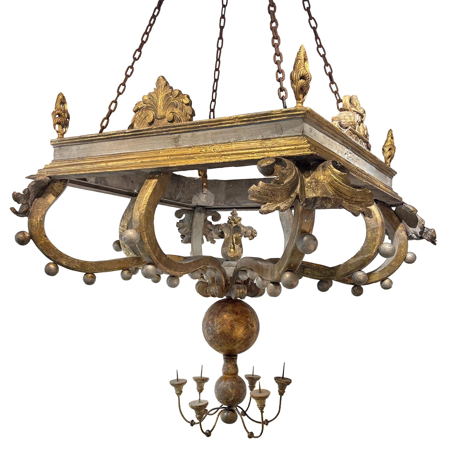 Metal 19th Century Italian Basswood Chandelier Pendant - Large Antique Light Fixture For Sale