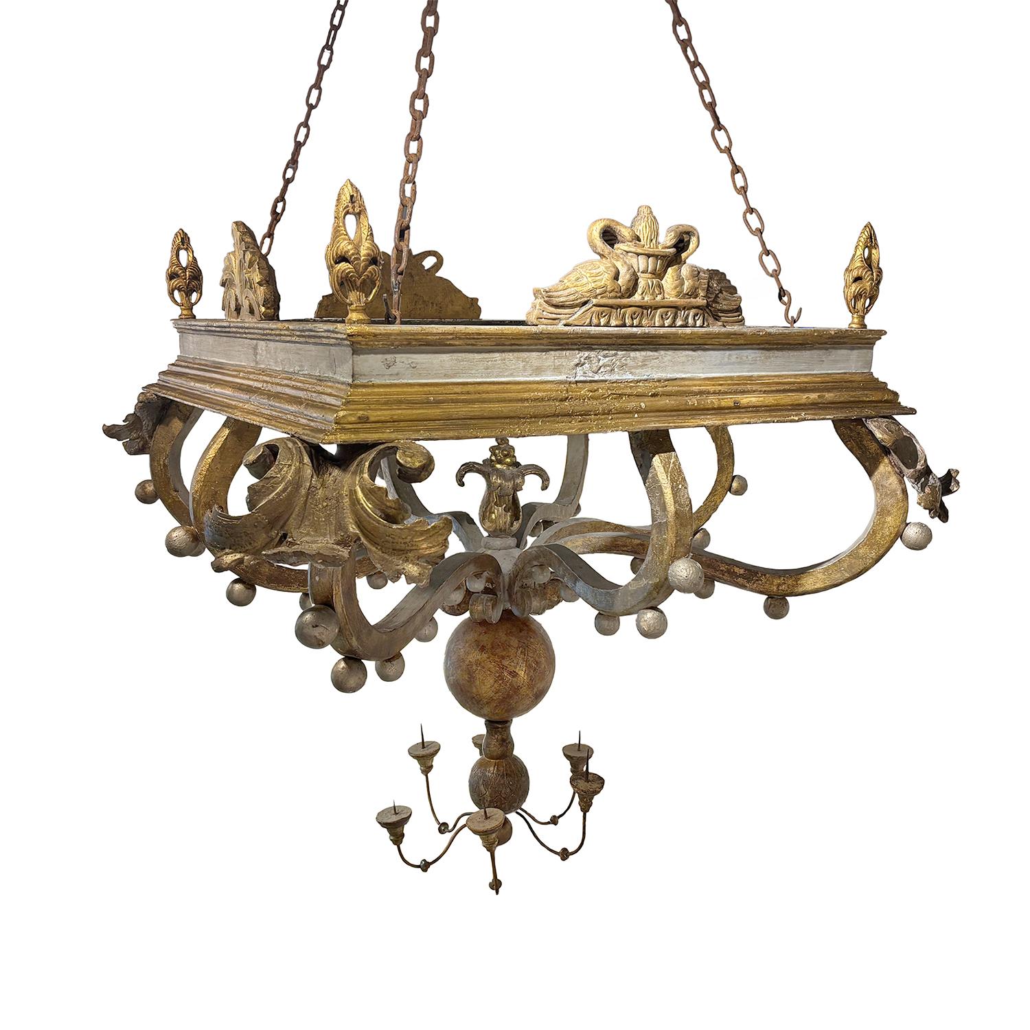 19th Century Italian Basswood Chandelier Pendant - Large Antique Light Fixture For Sale 1
