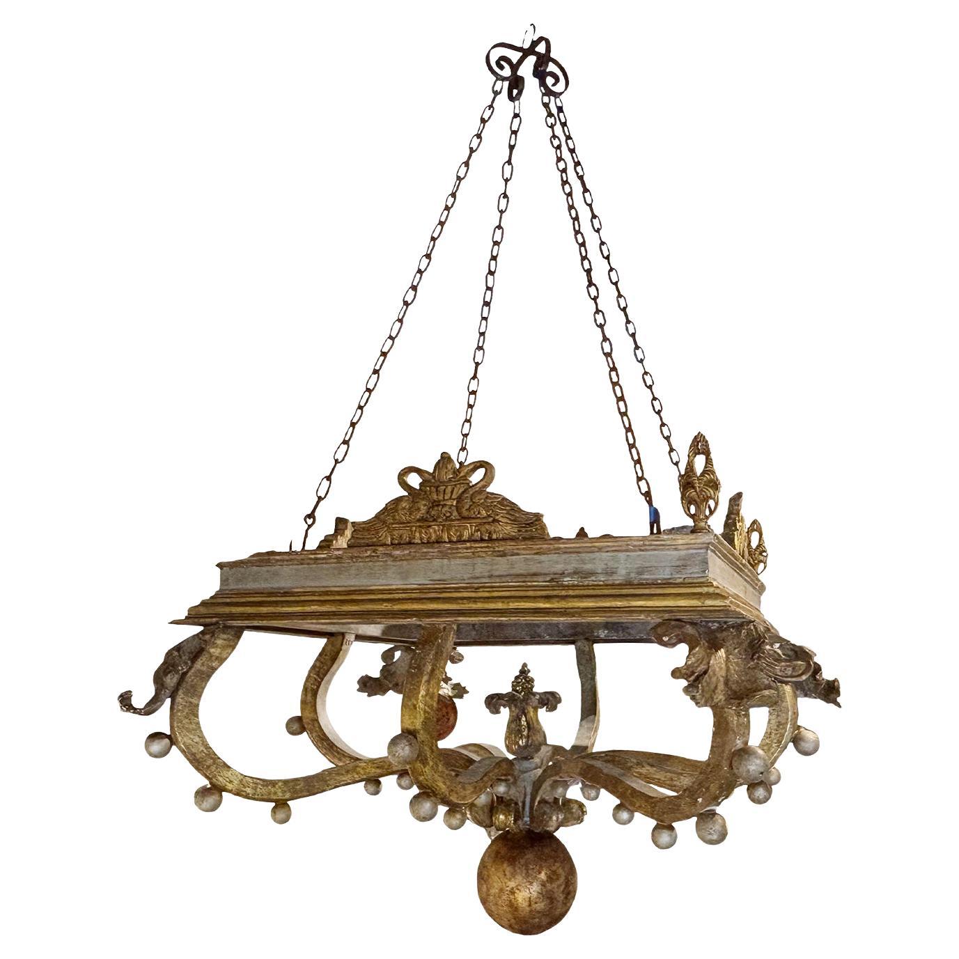 19th Century Italian Basswood Chandelier Pendant - Large Antique Light Fixture For Sale