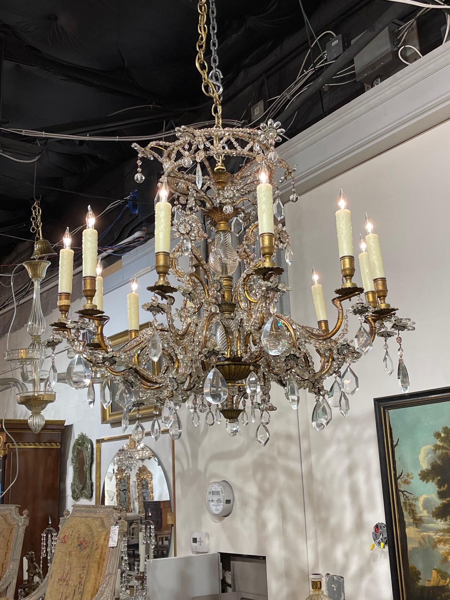 19th Century Italian Beaded Crystal and Gilt Bronze 12 Light Chandelier In Good Condition For Sale In Dallas, TX