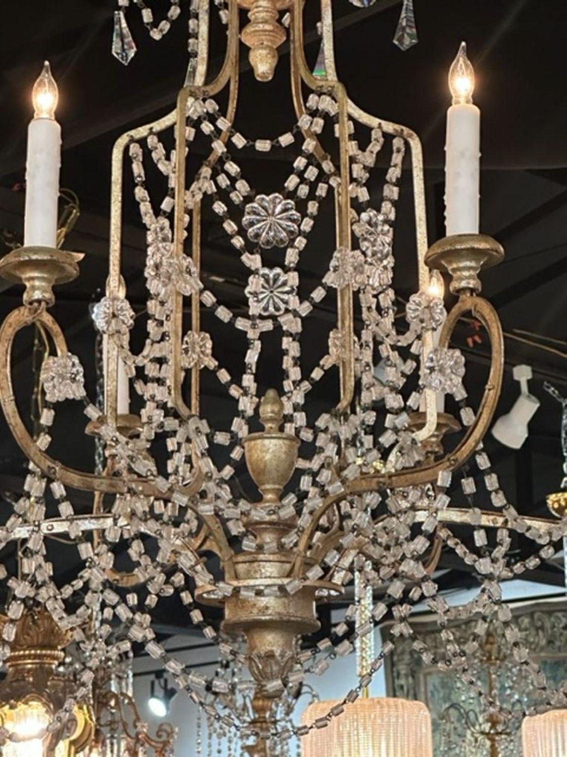 Metal 19th Century Italian Beaded Crystal and Silver Gilt Pagoda Chandelier For Sale
