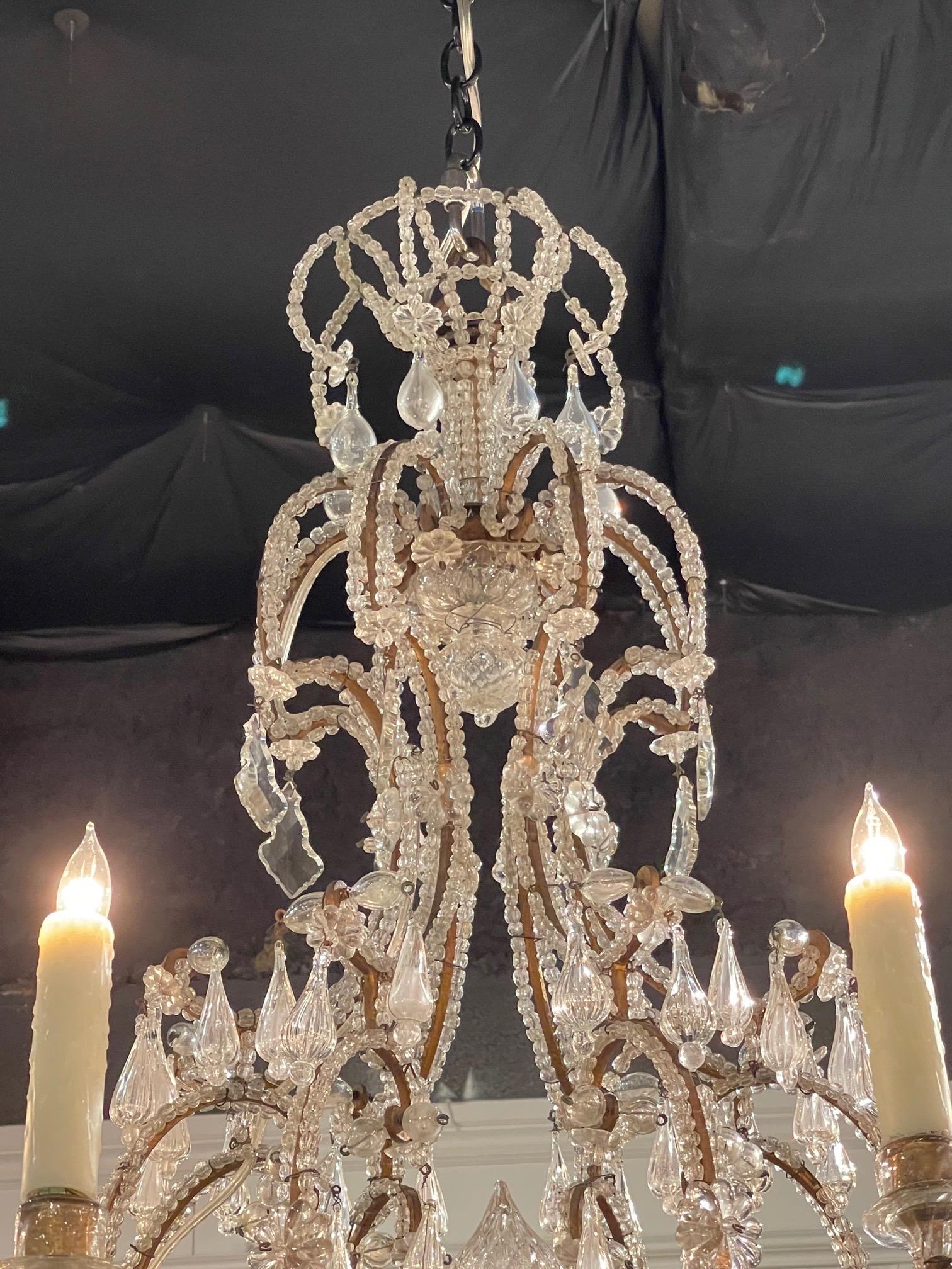 Metal 19th Century Italian Beaded Crystal Chandelier with 8 Lights For Sale