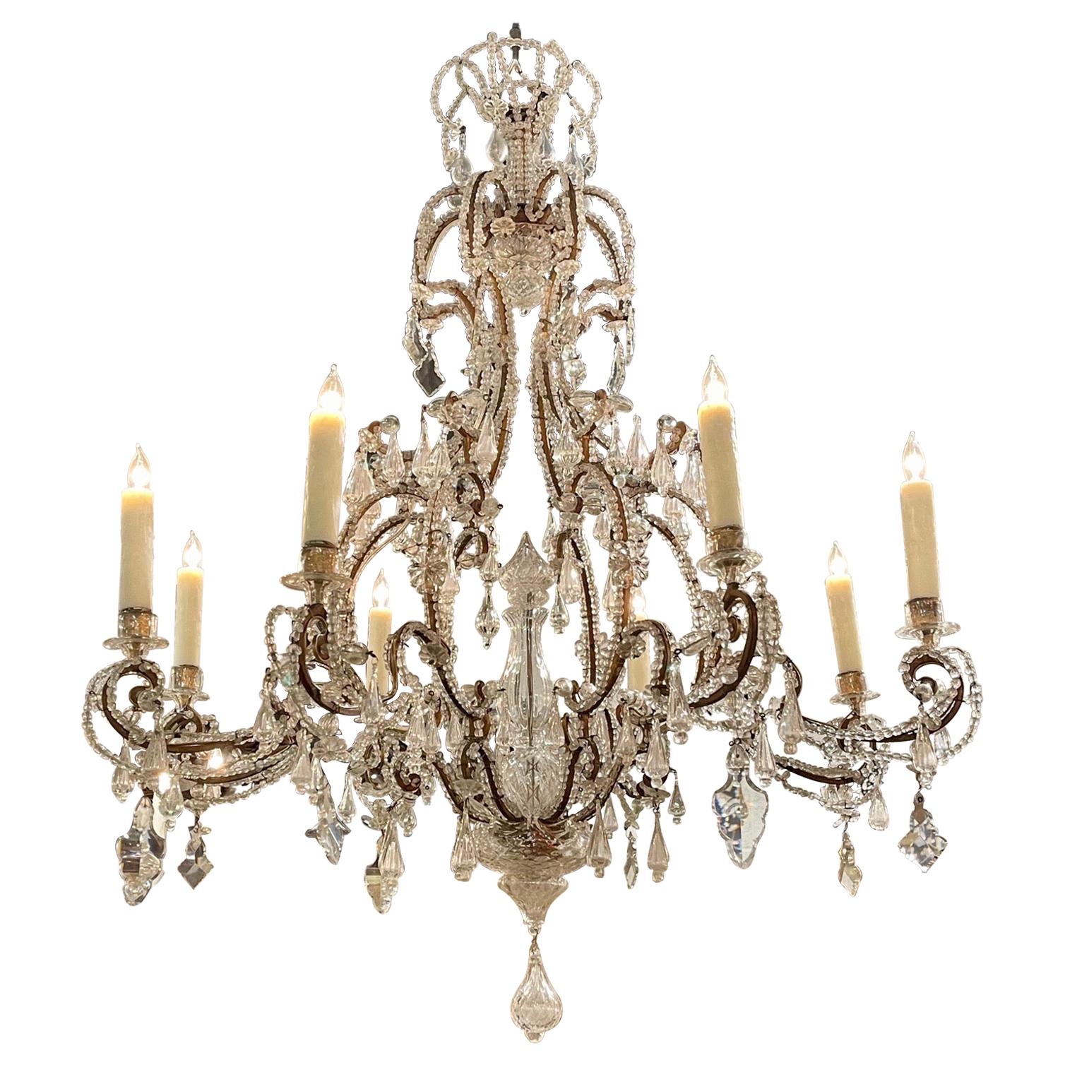 19th Century Italian Beaded Crystal Chandelier with 8 Lights For Sale
