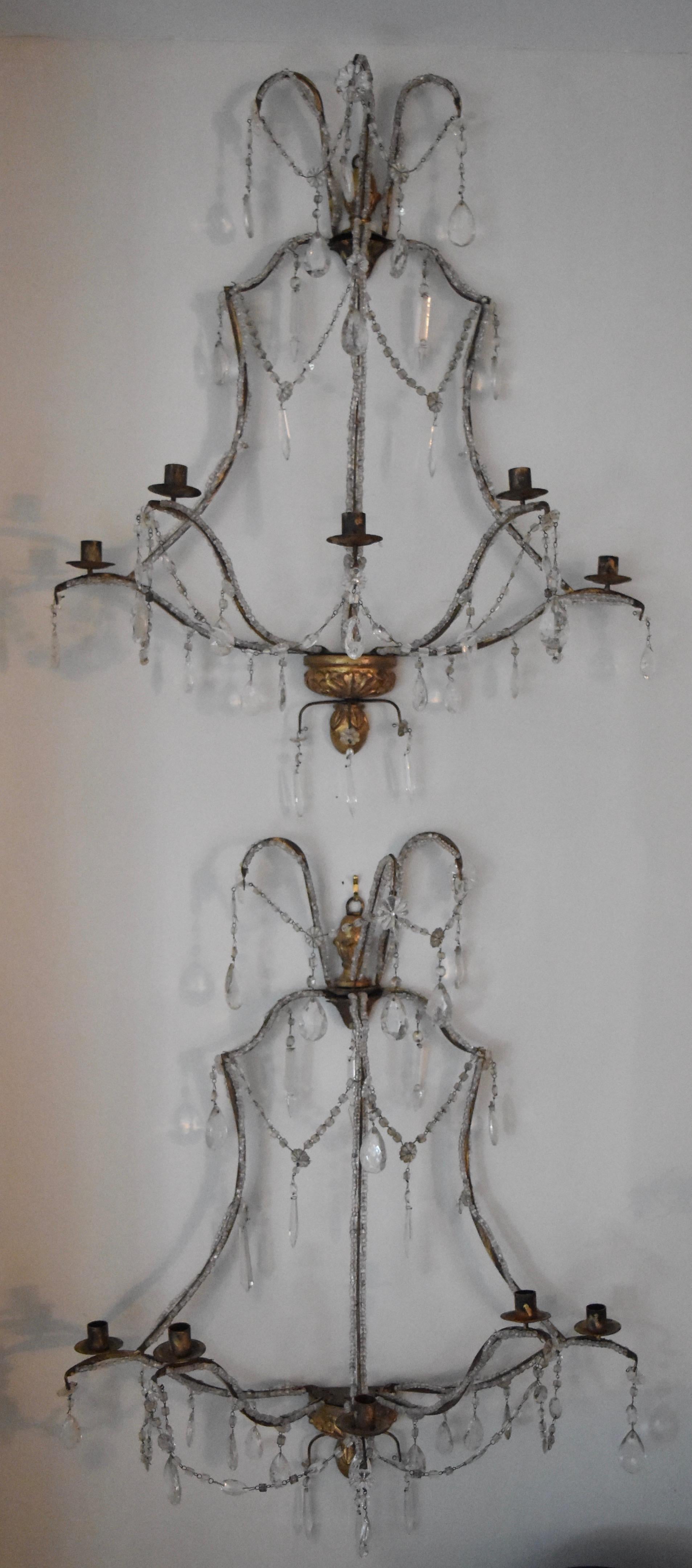 19th Century Italian Beaded Sconces from Florence with Wooden Gilt and Iron 1