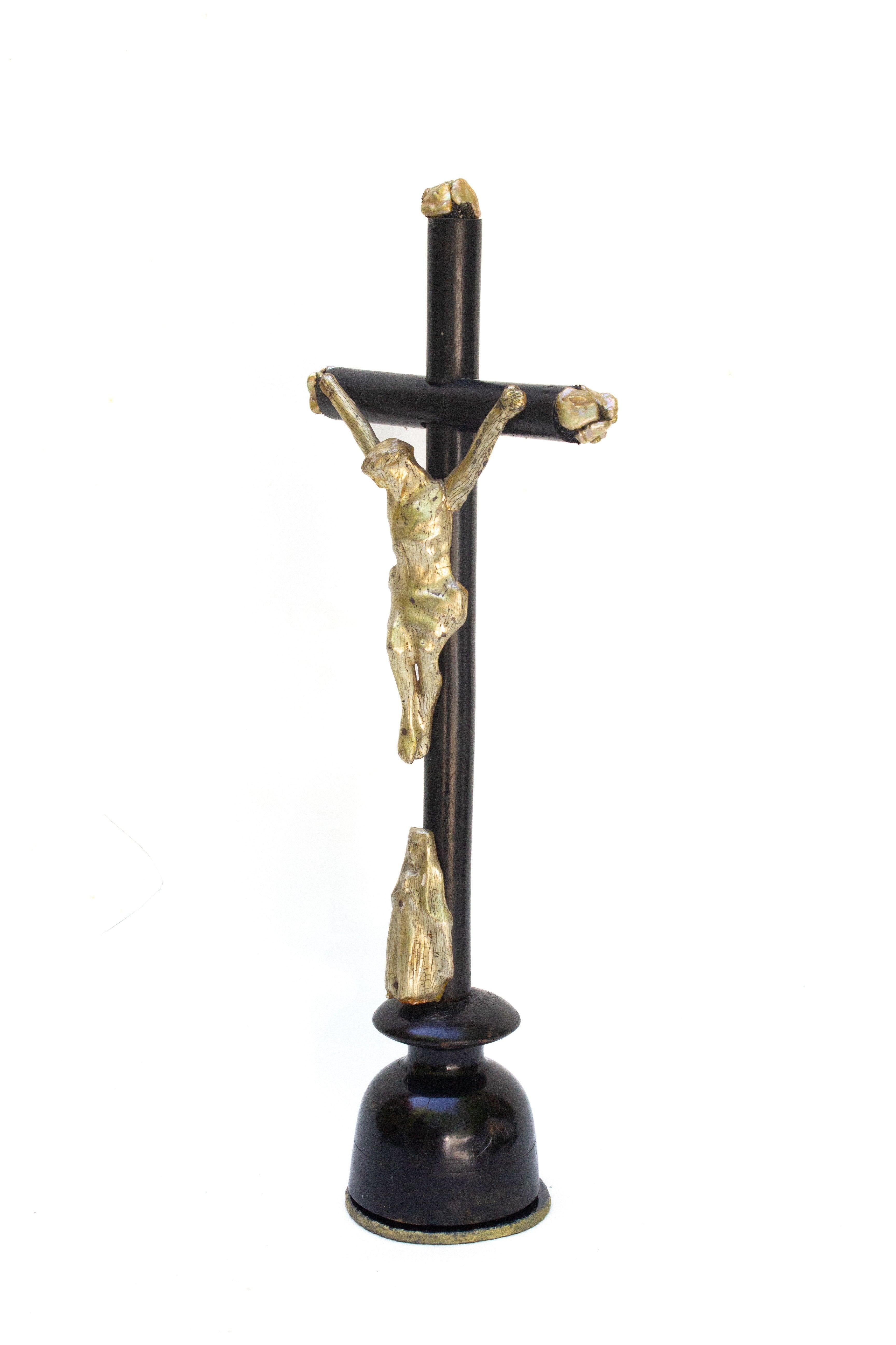 Porcelain 19th Century Italian Black Crucifix with a Pearlescent Gold Figure of Christ