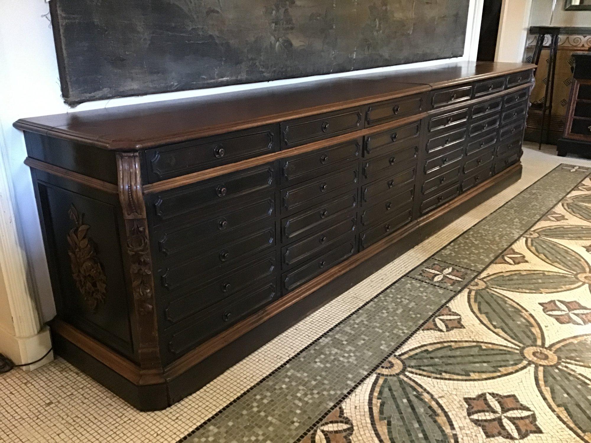 Victorian 19th Century Italian Black Wood Counter with Drawers and Walnut Top, 1890s For Sale