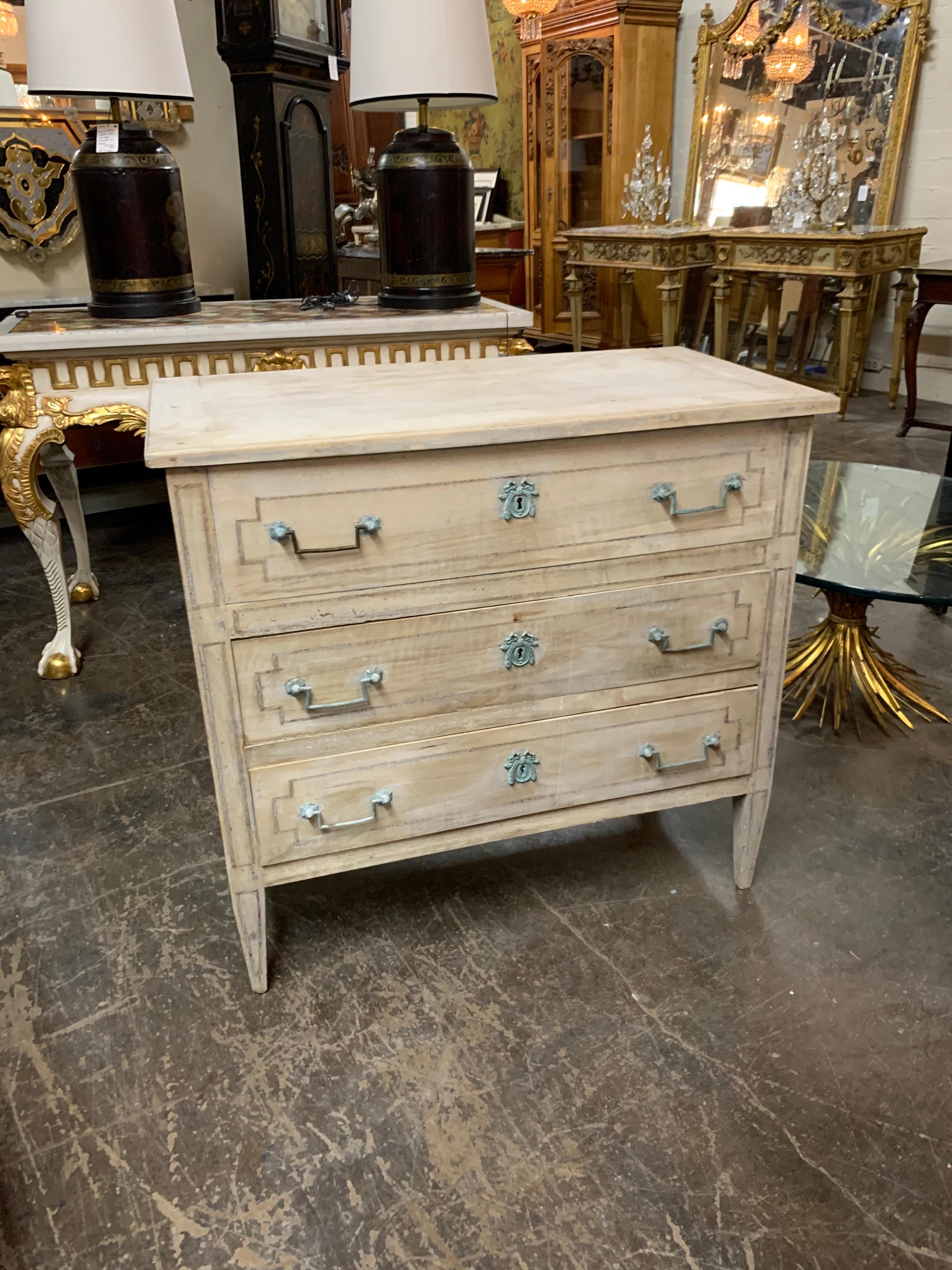 Very fine 19th century Italian bleached walnut chest of drawers. The piece has inlaid details on the drawers and the top. Great for the modern farmhouse look!