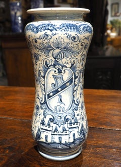 19th Century Italian Blue and White Armorial Albarello Jar