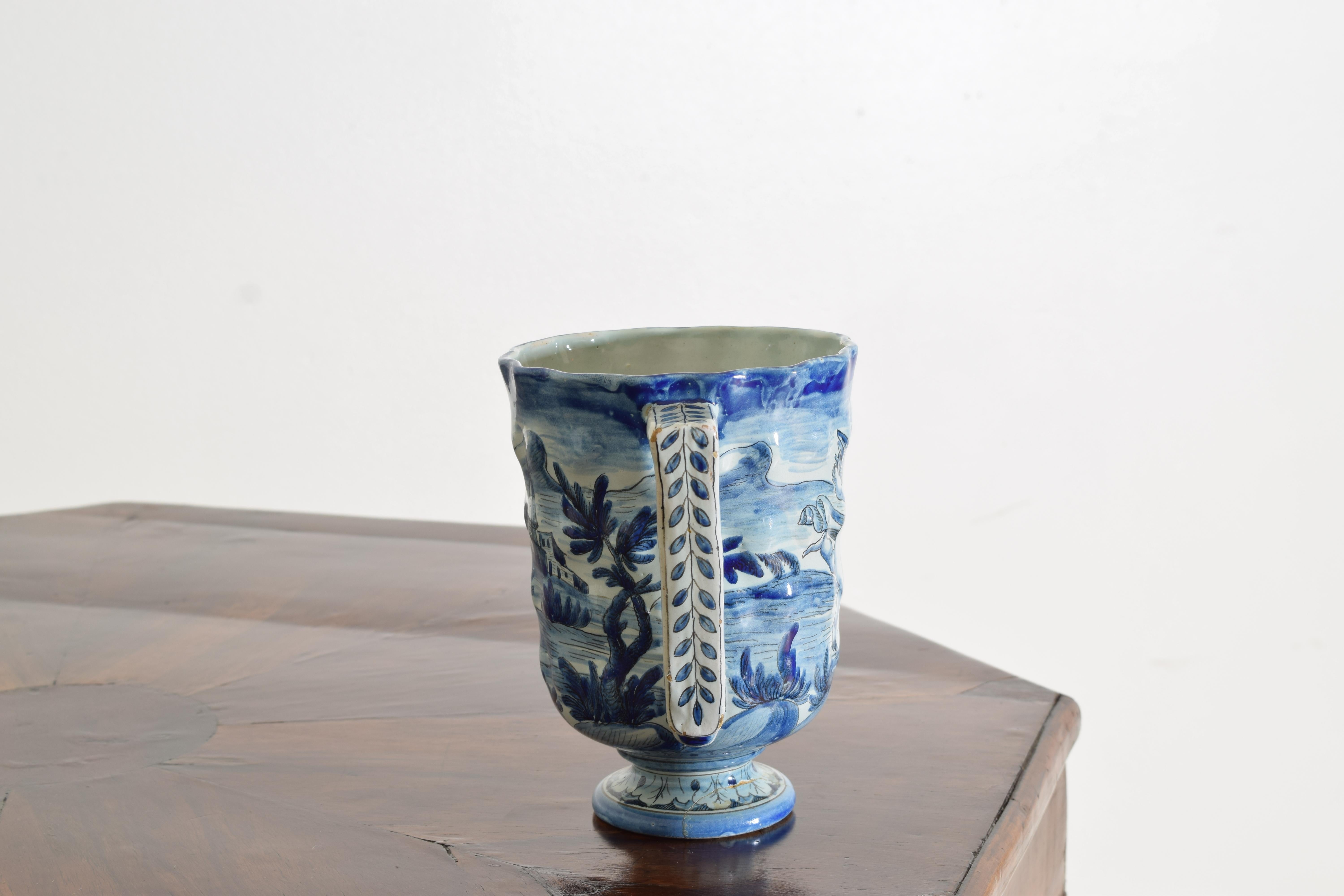 Hand-Painted 19th Century Italian Blue and White Cantagalli Majolica Pitcher or Vase For Sale