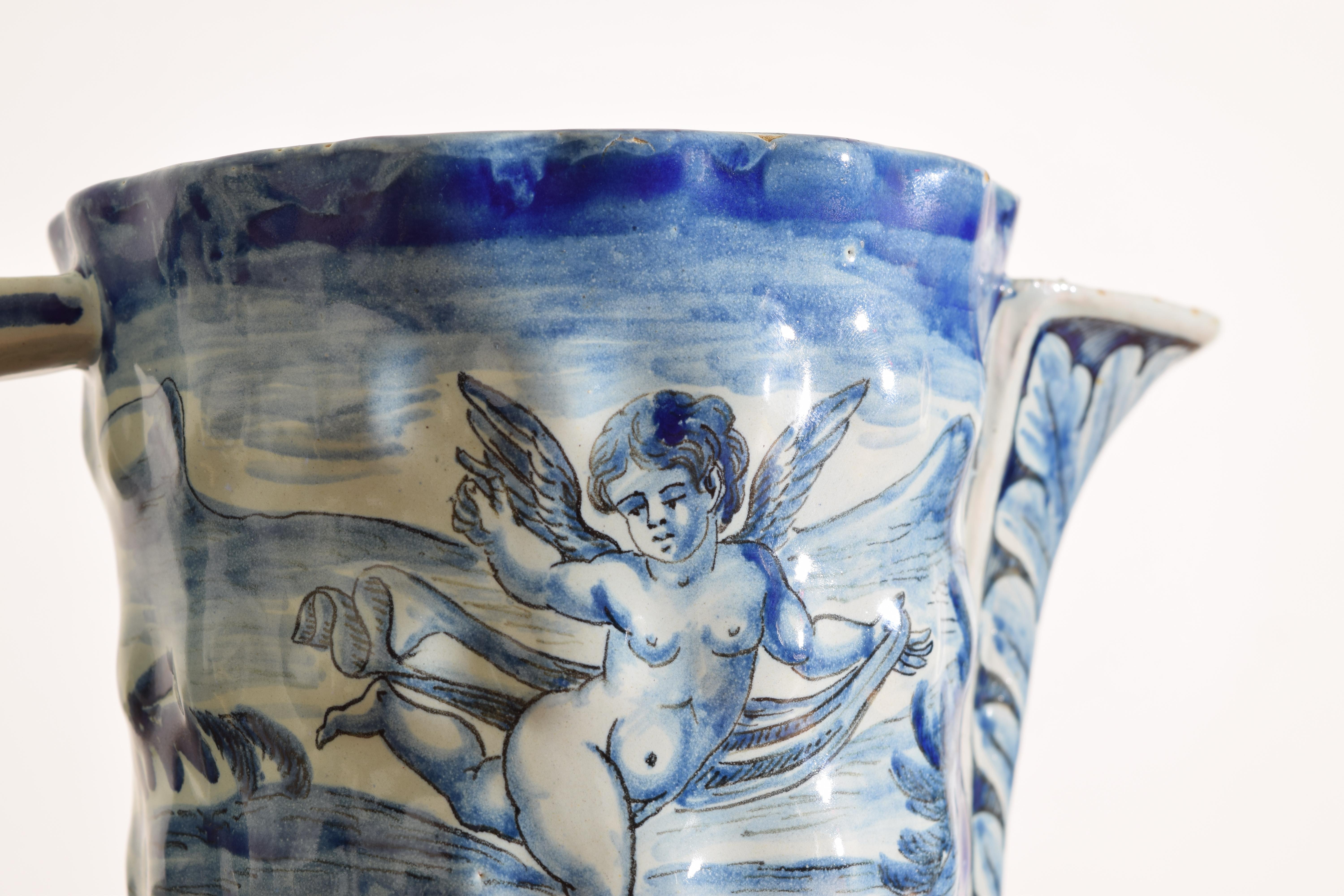 19th Century Italian Blue and White Cantagalli Majolica Pitcher or Vase In Fair Condition For Sale In Atlanta, GA